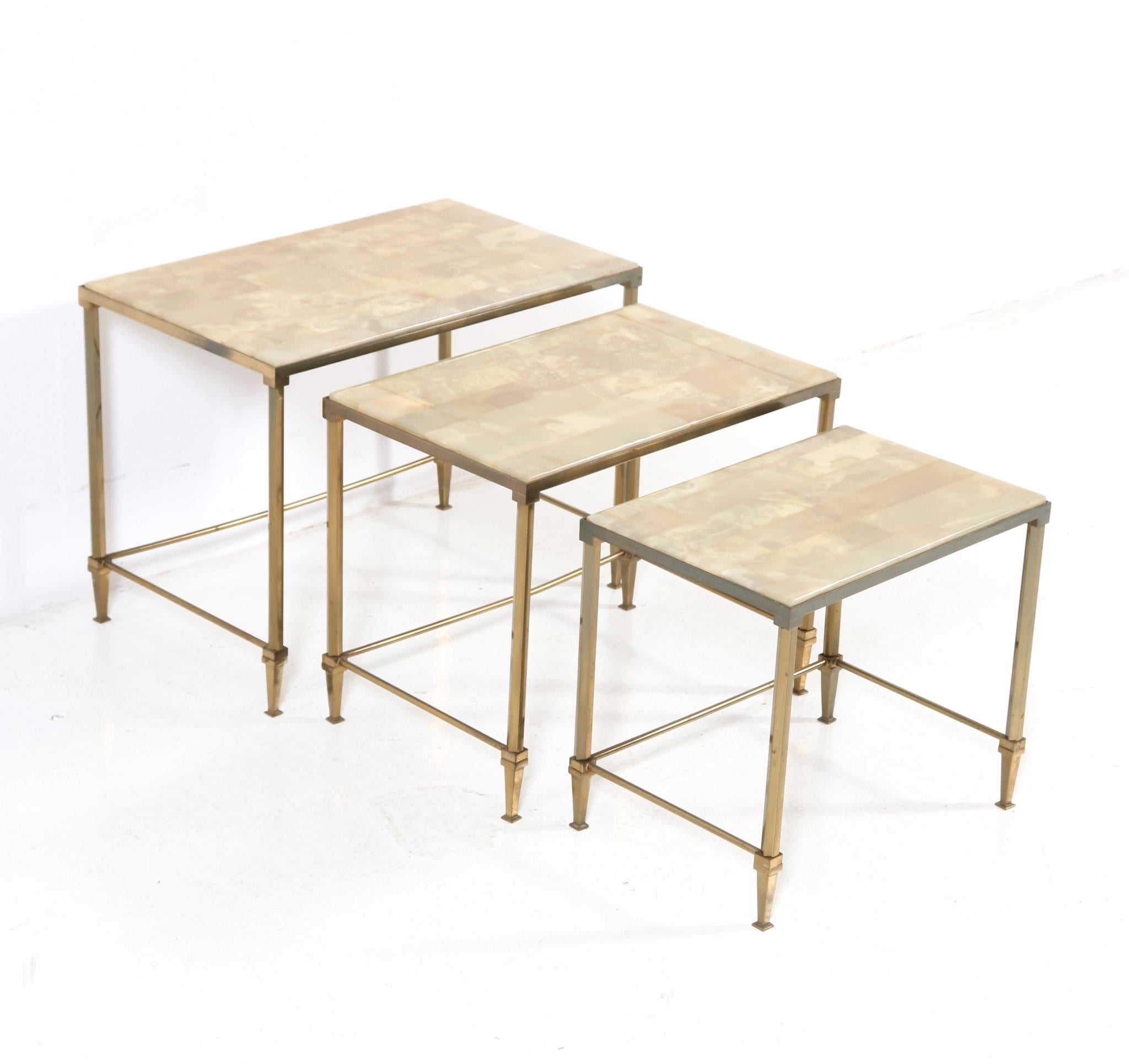 Late 20th Century Gilt Brass Hollywood Regency Nesting Tables with Alabaster Tops, 1970s For Sale