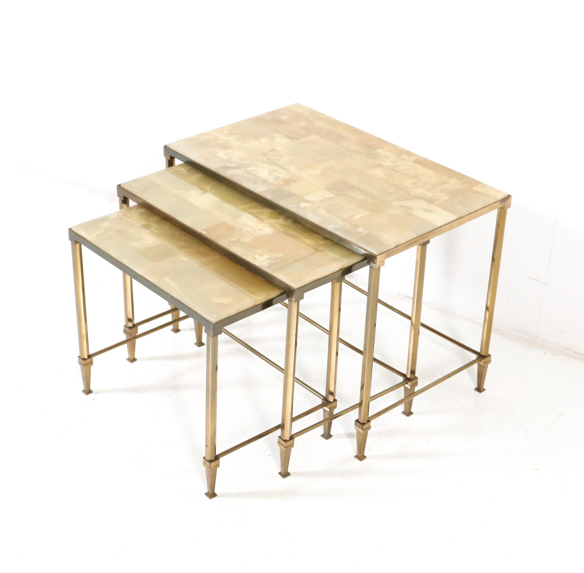 Gilt Brass Hollywood Regency Nesting Tables with Alabaster Tops, 1970s For Sale 1