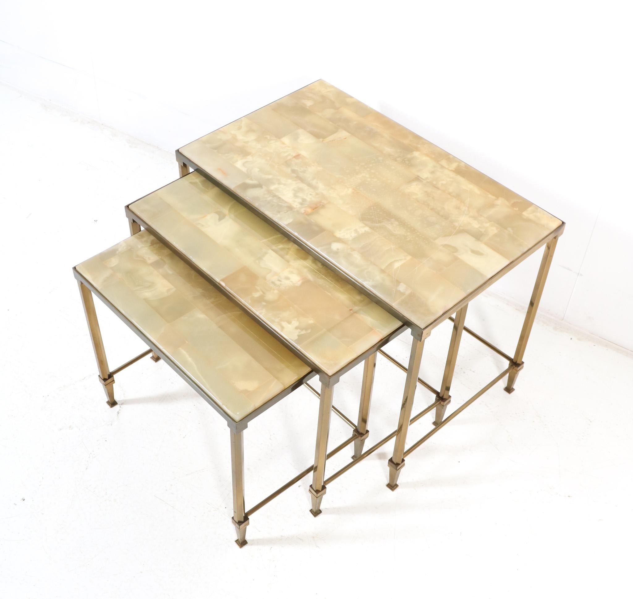 Gilt Brass Hollywood Regency Nesting Tables with Alabaster Tops, 1970s For Sale 2