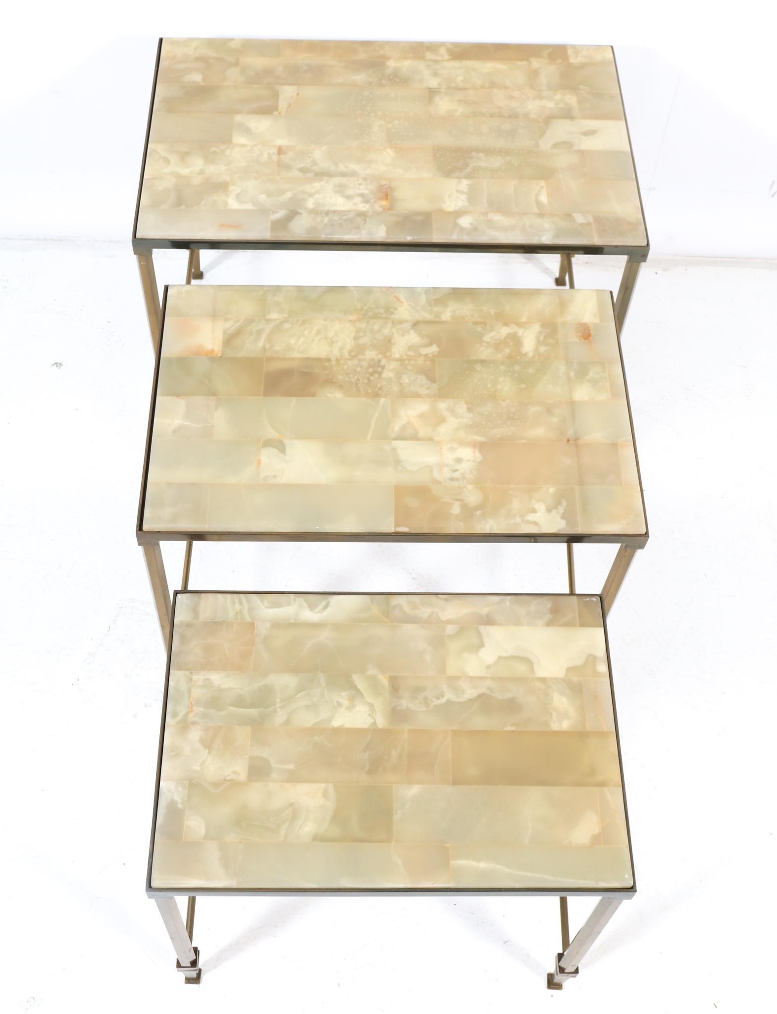 Gilt Brass Hollywood Regency Nesting Tables with Alabaster Tops, 1970s For Sale 4