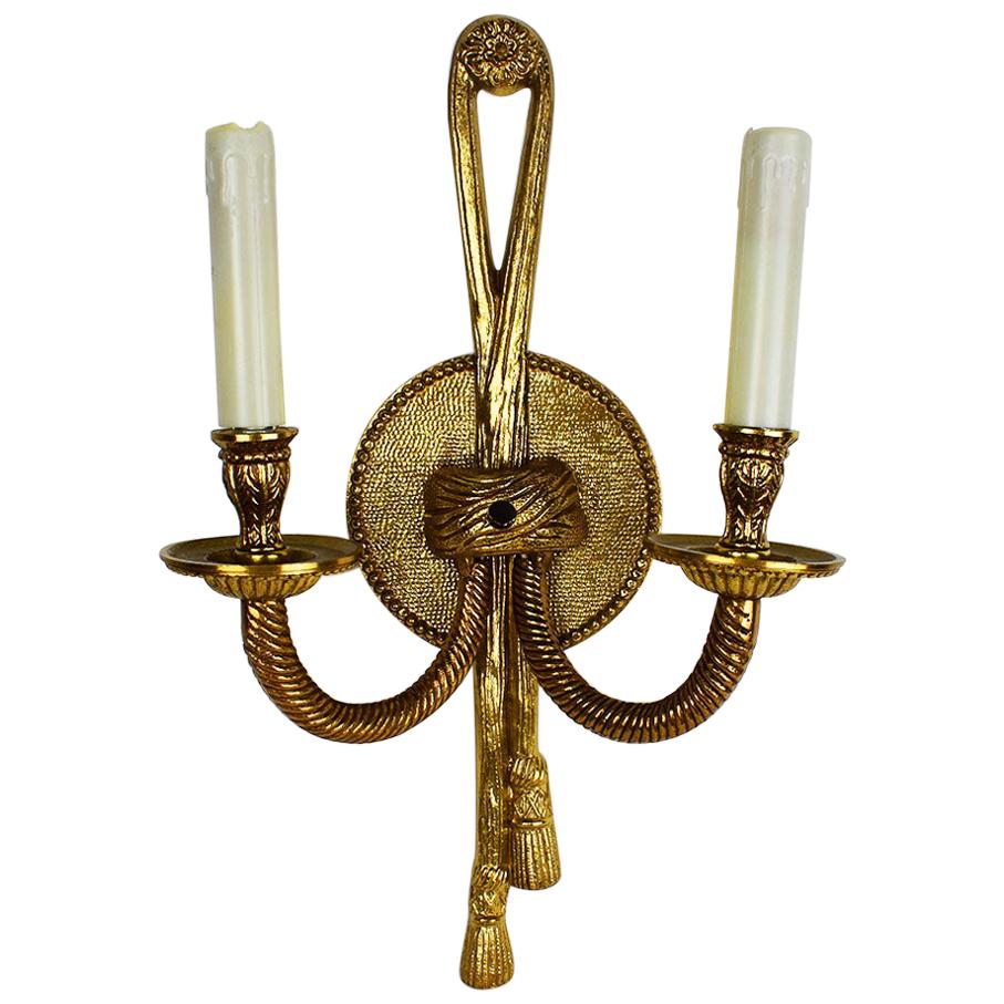 Gilt Brass Hollywood Regency Tole Rope and Tassel Wired Sconce