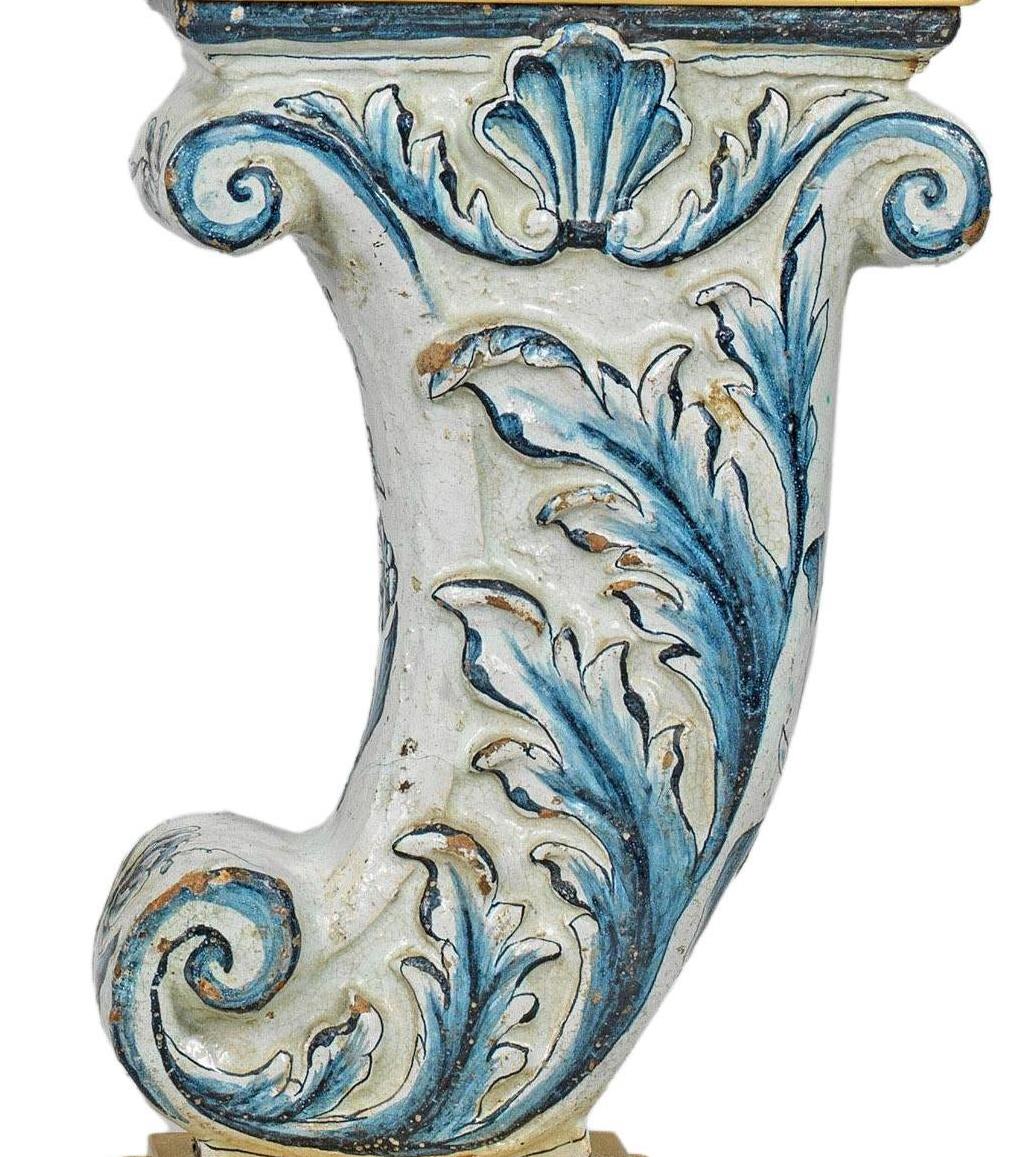 Baroque Gilt Brass Lamp w/ Antique 18th century Blue and Cream Faience Acanthi Fragment