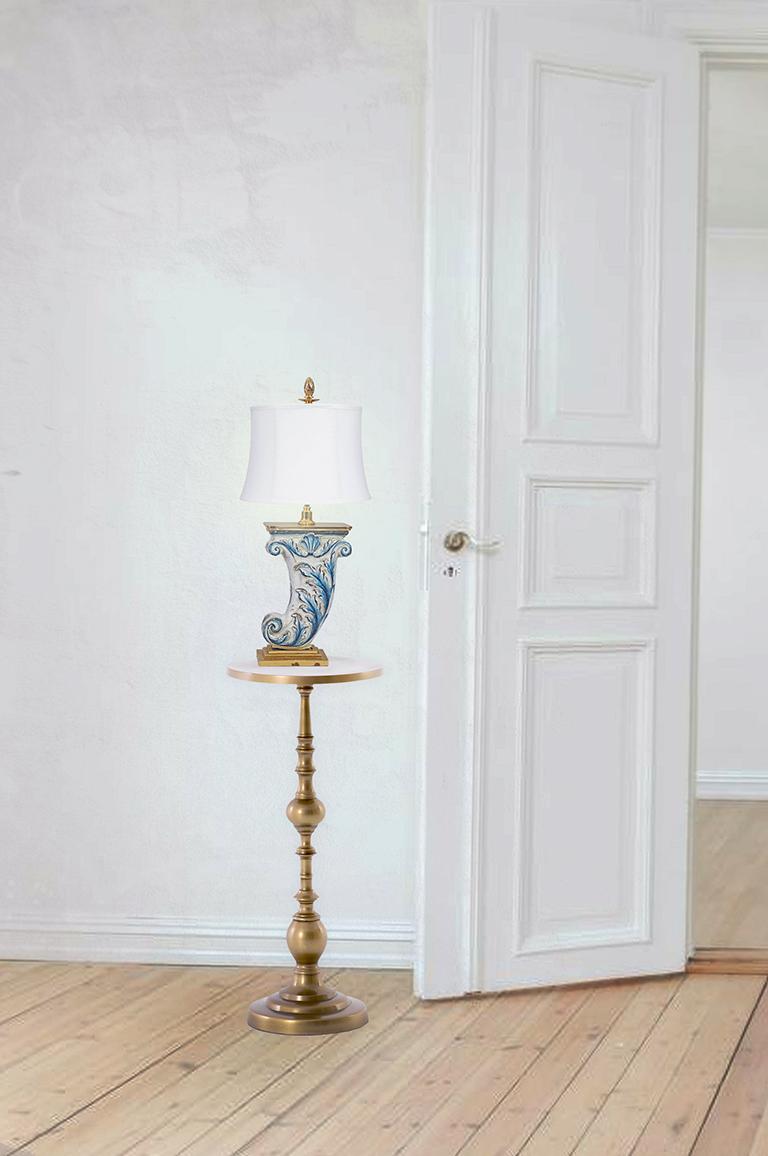 German Gilt Brass Lamp w/ Antique 18th century Blue and Cream Faience Acanthi Fragment