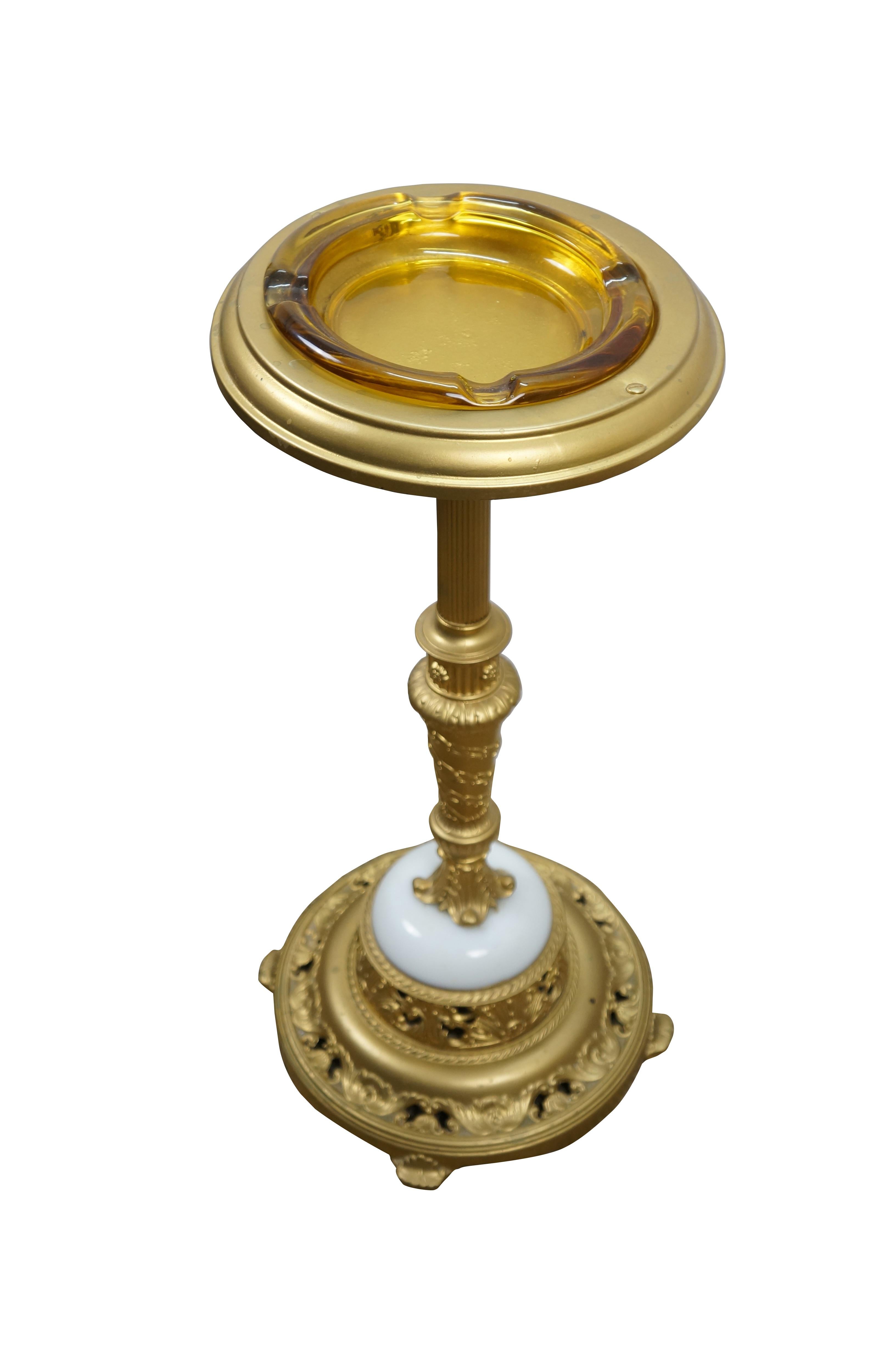 Gilt Brass Marble Amber Glass Smoking Stand Cigar Cigarette Floor Ashtray 25