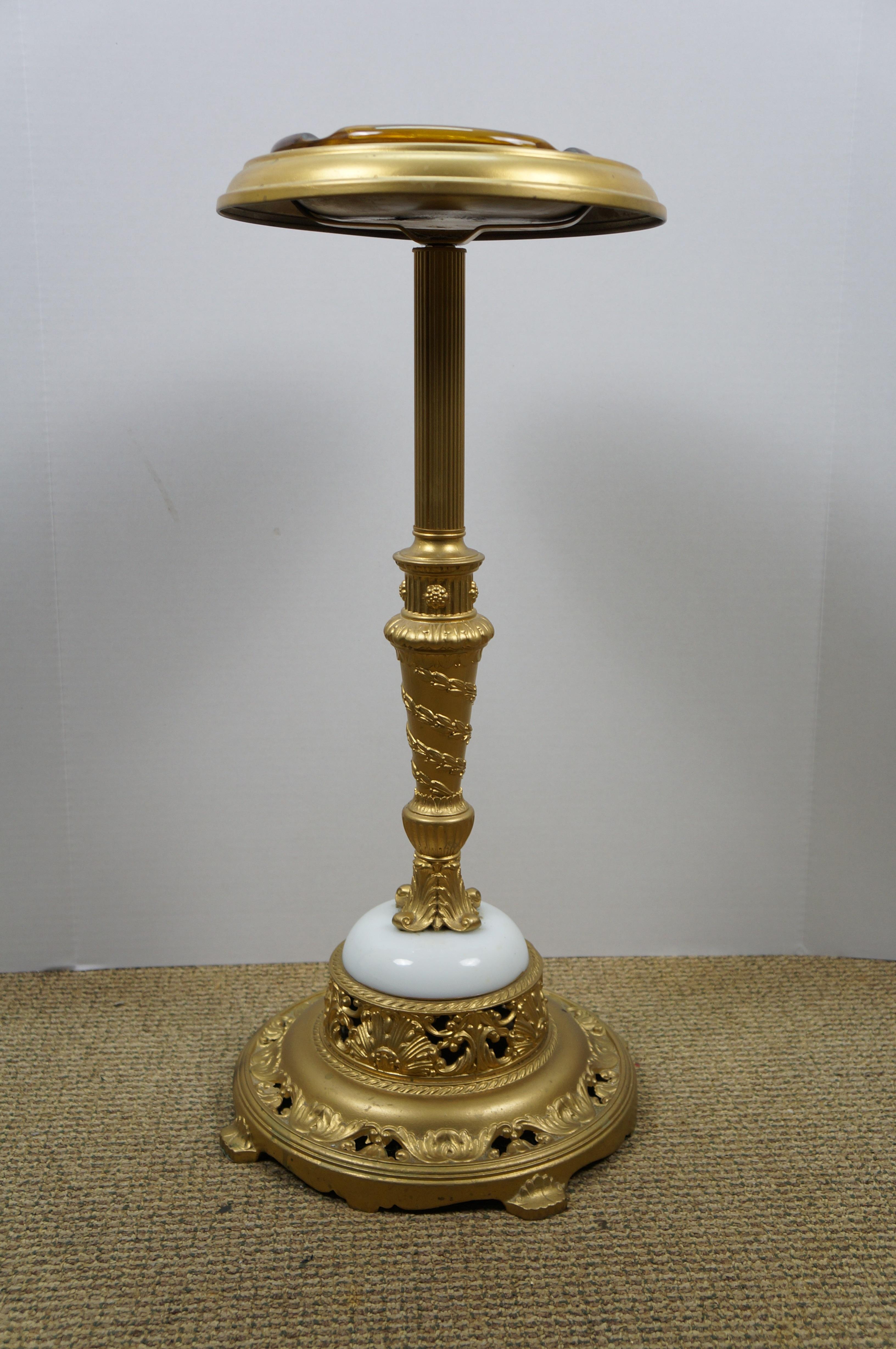 20th Century Gilt Brass Marble Amber Glass Smoking Stand Cigar Cigarette Floor Ashtray 25