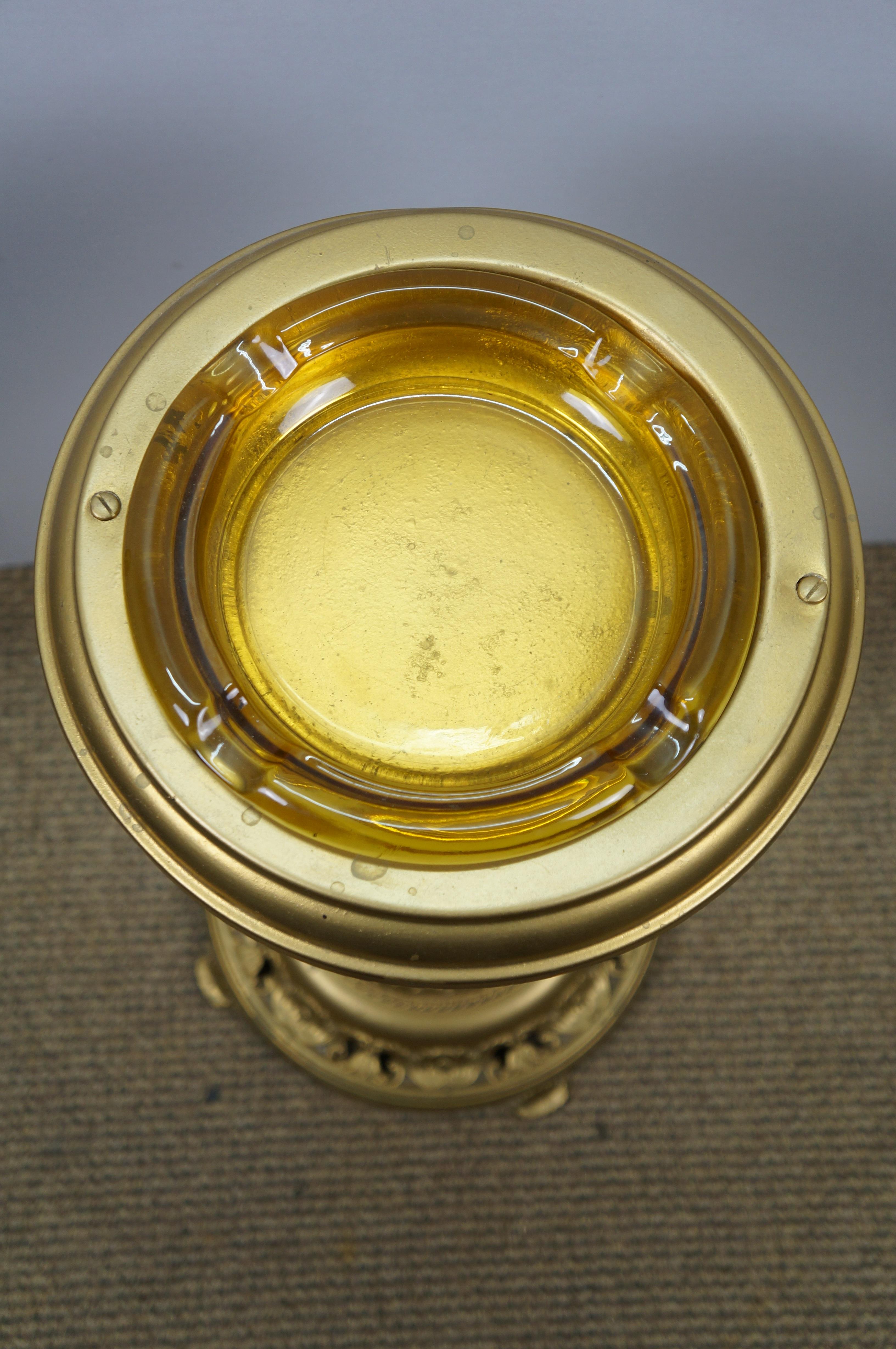 Gilt Brass Marble Amber Glass Smoking Stand Cigar Cigarette Floor Ashtray 25