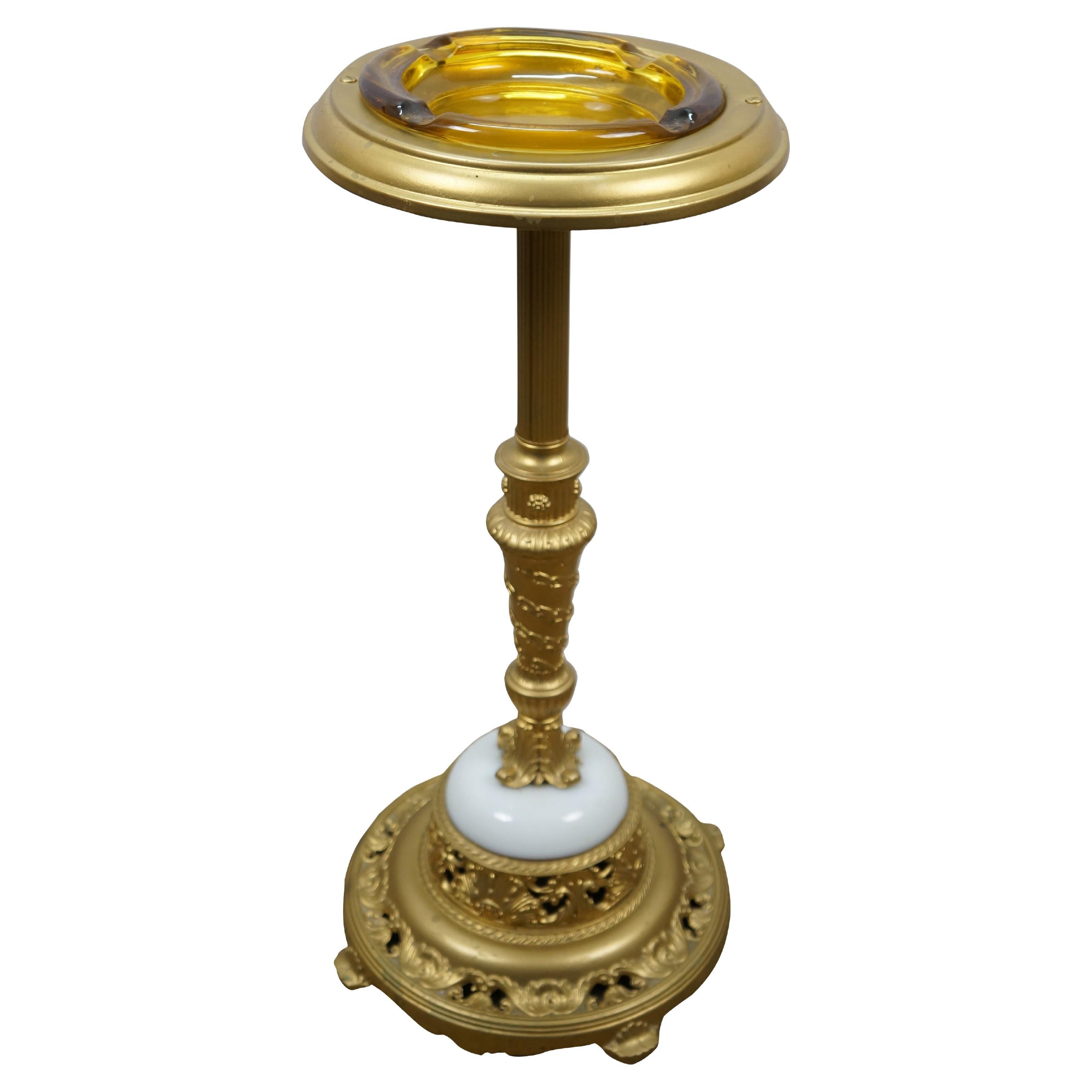 Gilt Brass Marble Amber Glass Smoking Stand Cigar Cigarette Floor Ashtray 25" For Sale