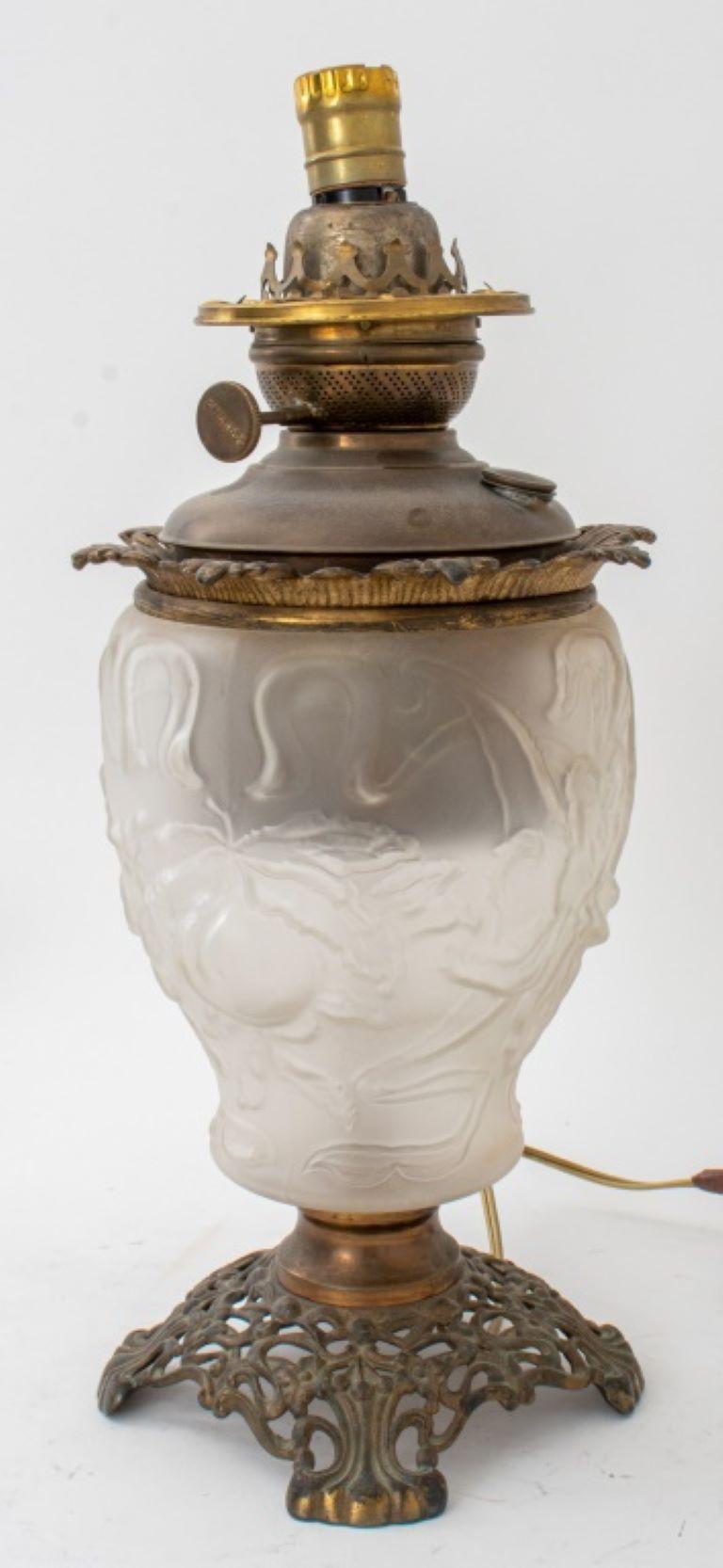 Gilt Brass Mounted Pressed Glass Oil Lamp For Sale 1