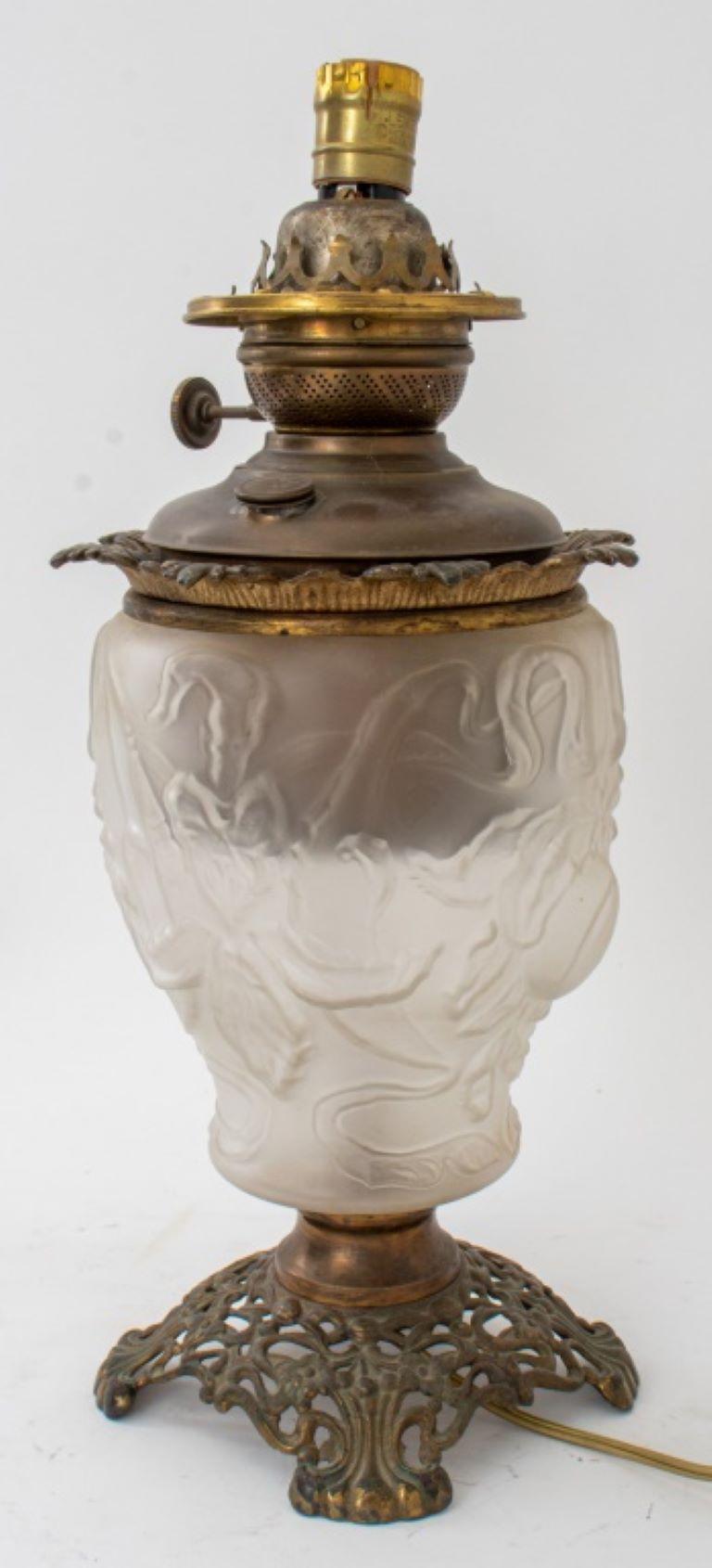 Gilt Brass Mounted Pressed Glass Oil Lamp For Sale 3