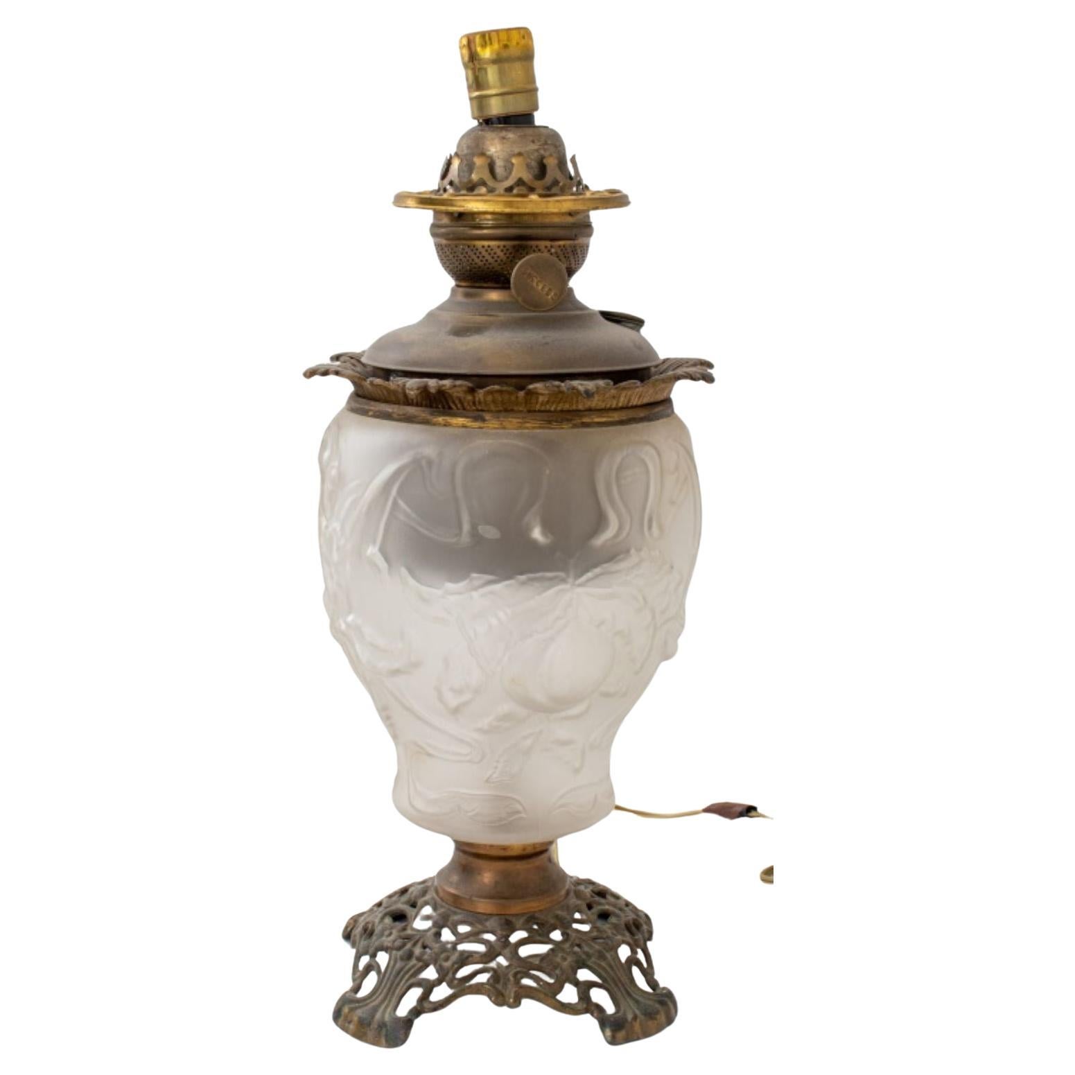 Gilt Brass Mounted Pressed Glass Oil Lamp For Sale