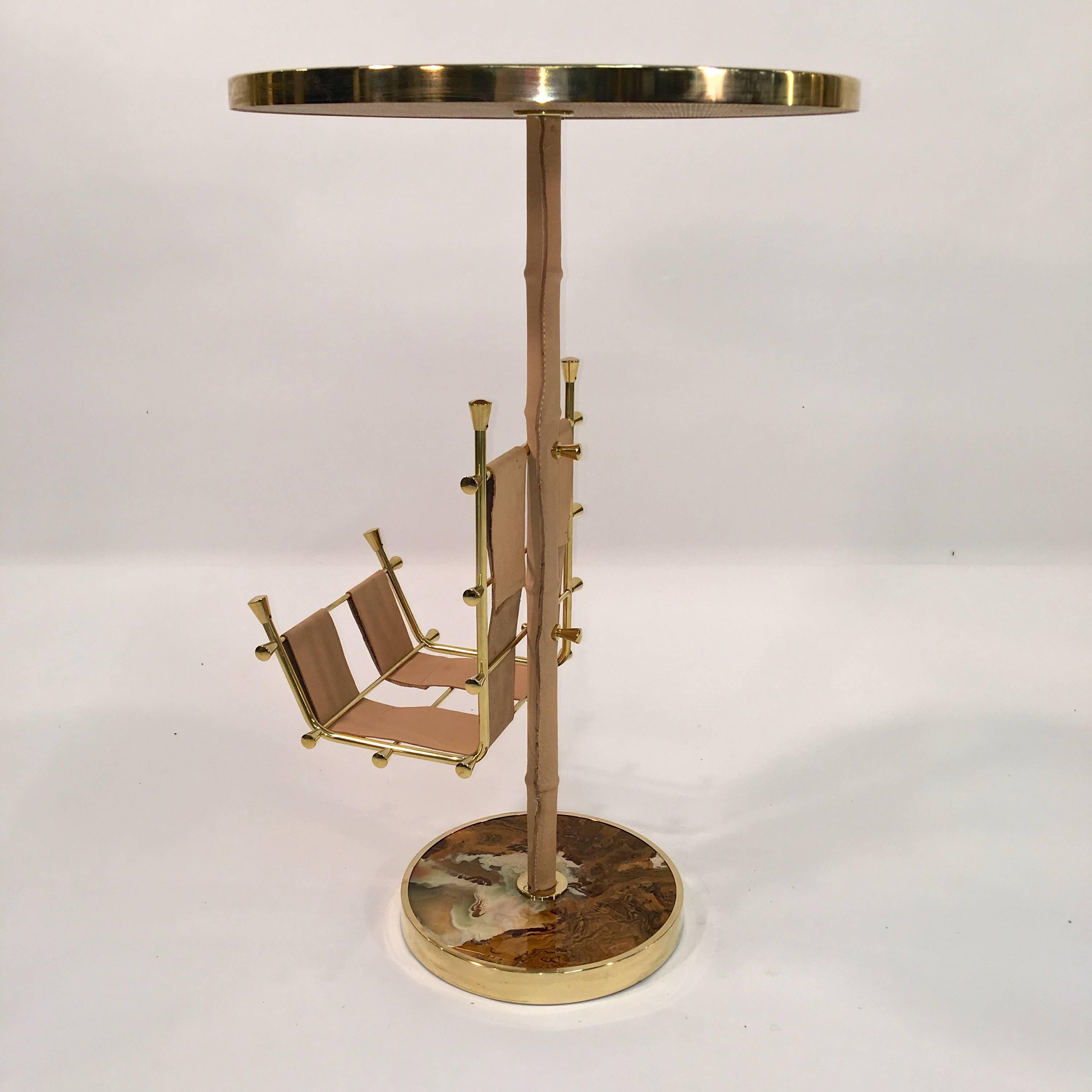 Gilt Brass, Onyx and Stitched Leather Occasional Table with Magazine Rack For Sale 4