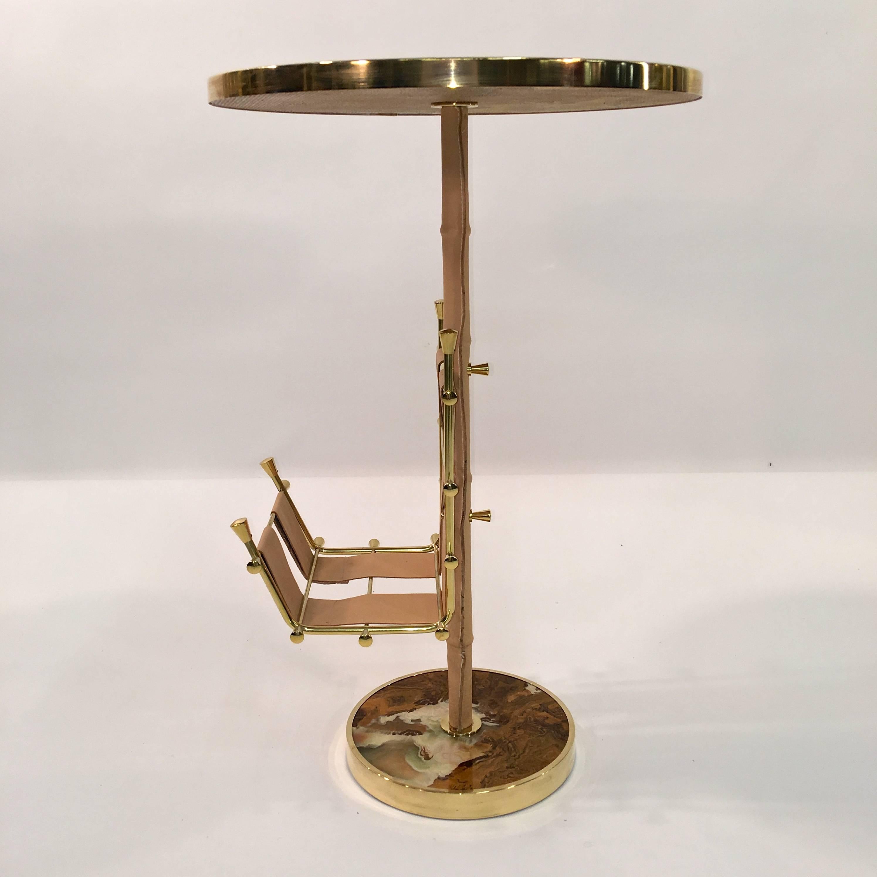 Gilt Brass, Onyx and Stitched Leather Occasional Table with Magazine Rack For Sale 9