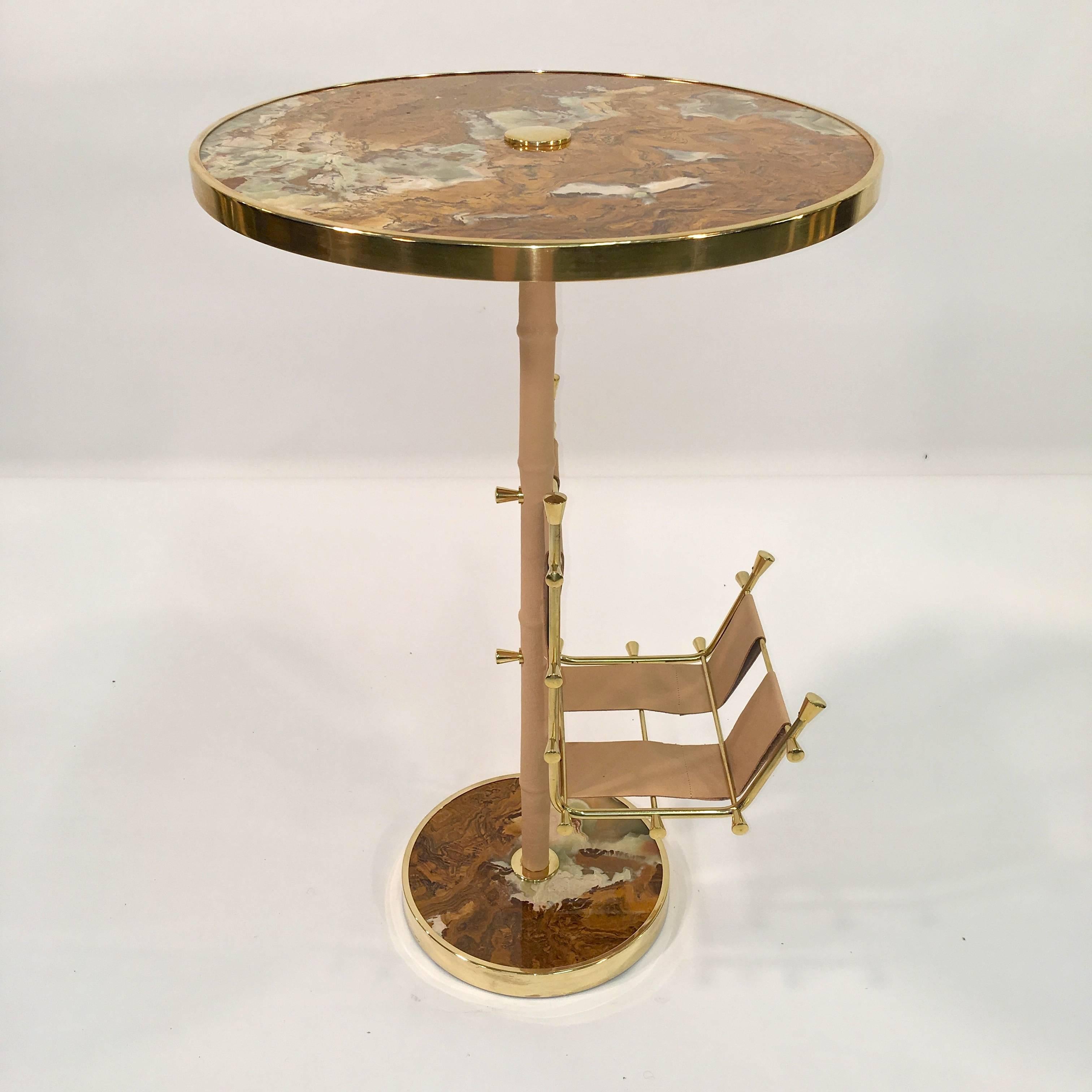 Gilt Brass, Onyx and Stitched Leather Occasional Table with Magazine Rack For Sale 10