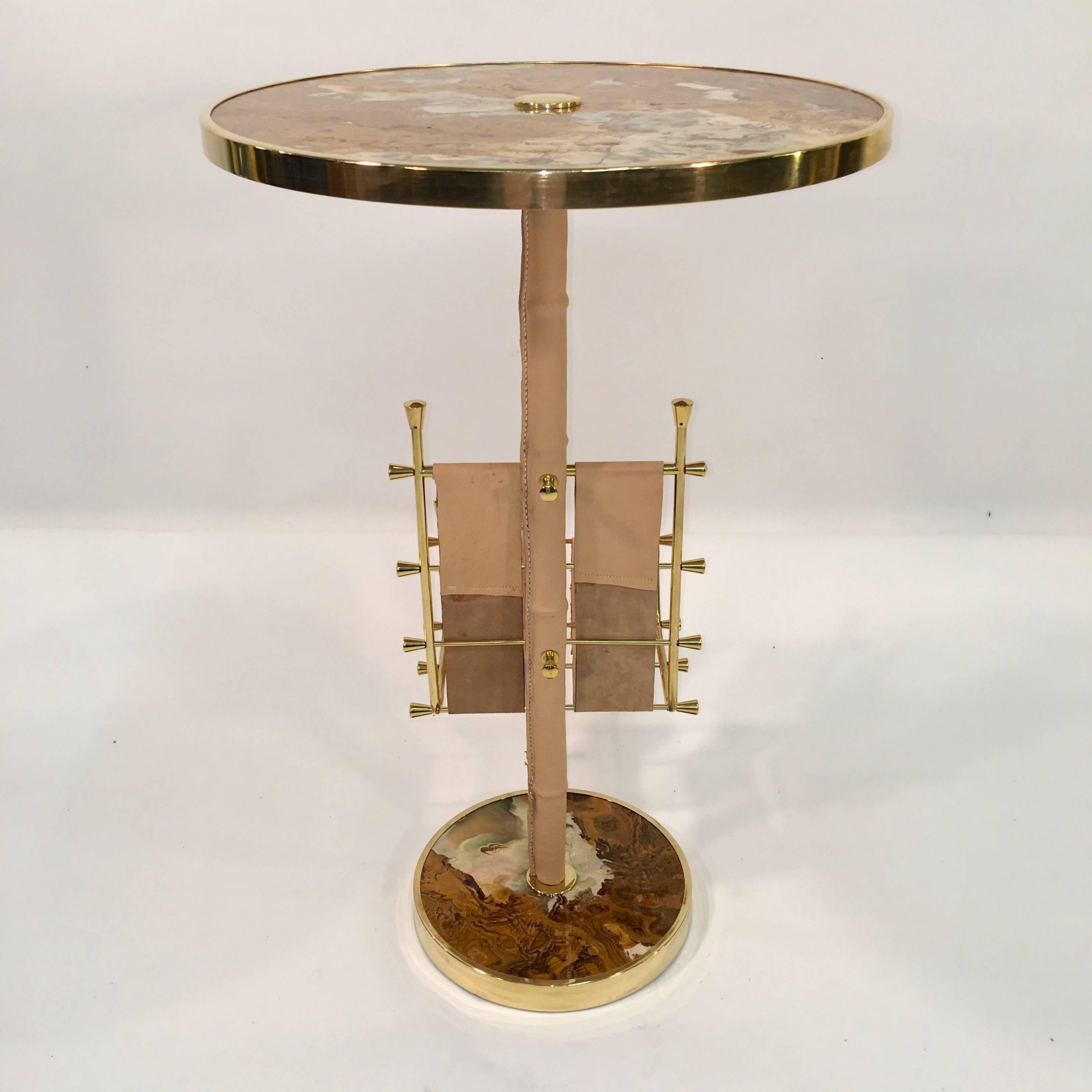 Gilt Brass, Onyx and Stitched Leather Occasional Table with Magazine Rack For Sale 11