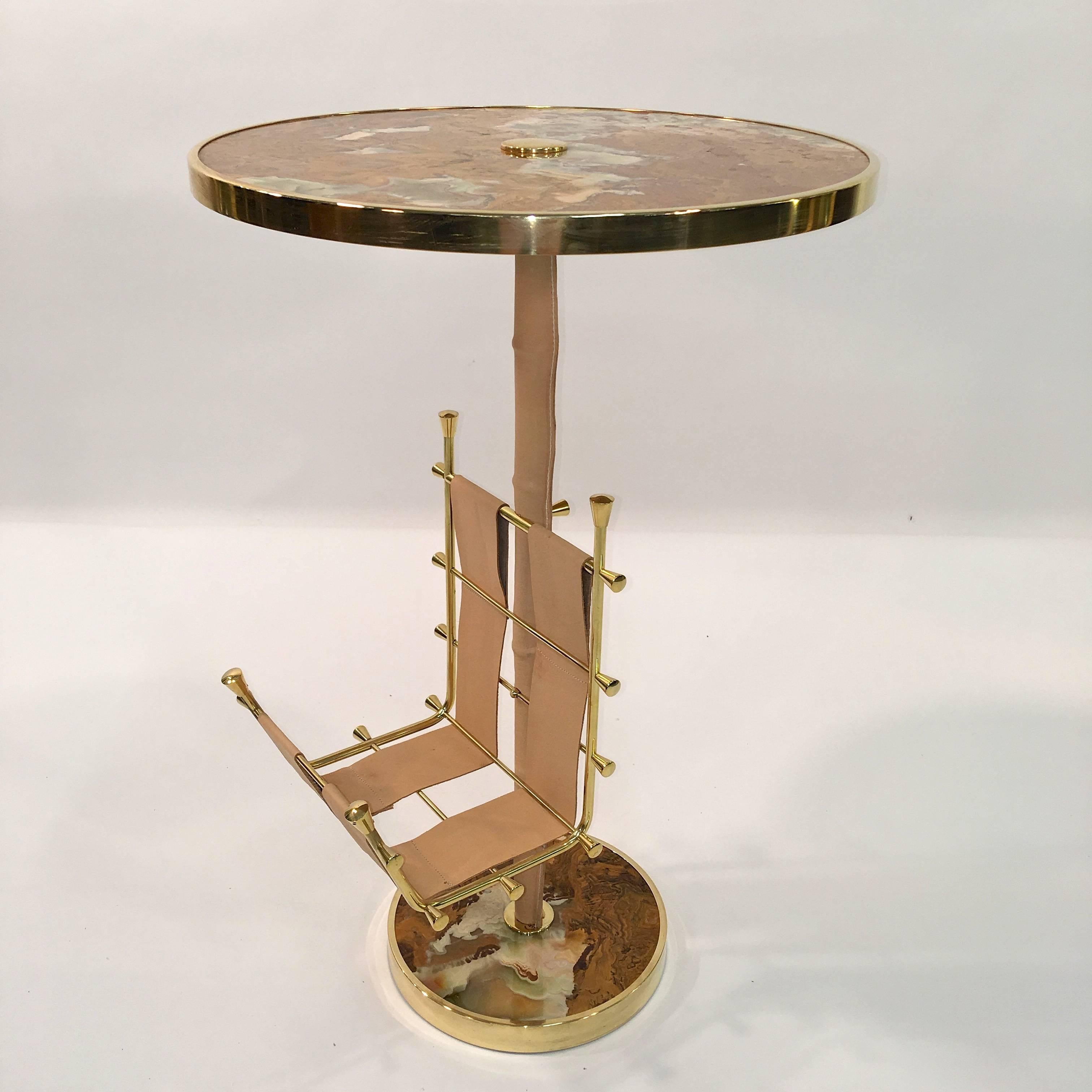 Mid-Century Modern Gilt Brass, Onyx and Stitched Leather Occasional Table with Magazine Rack For Sale