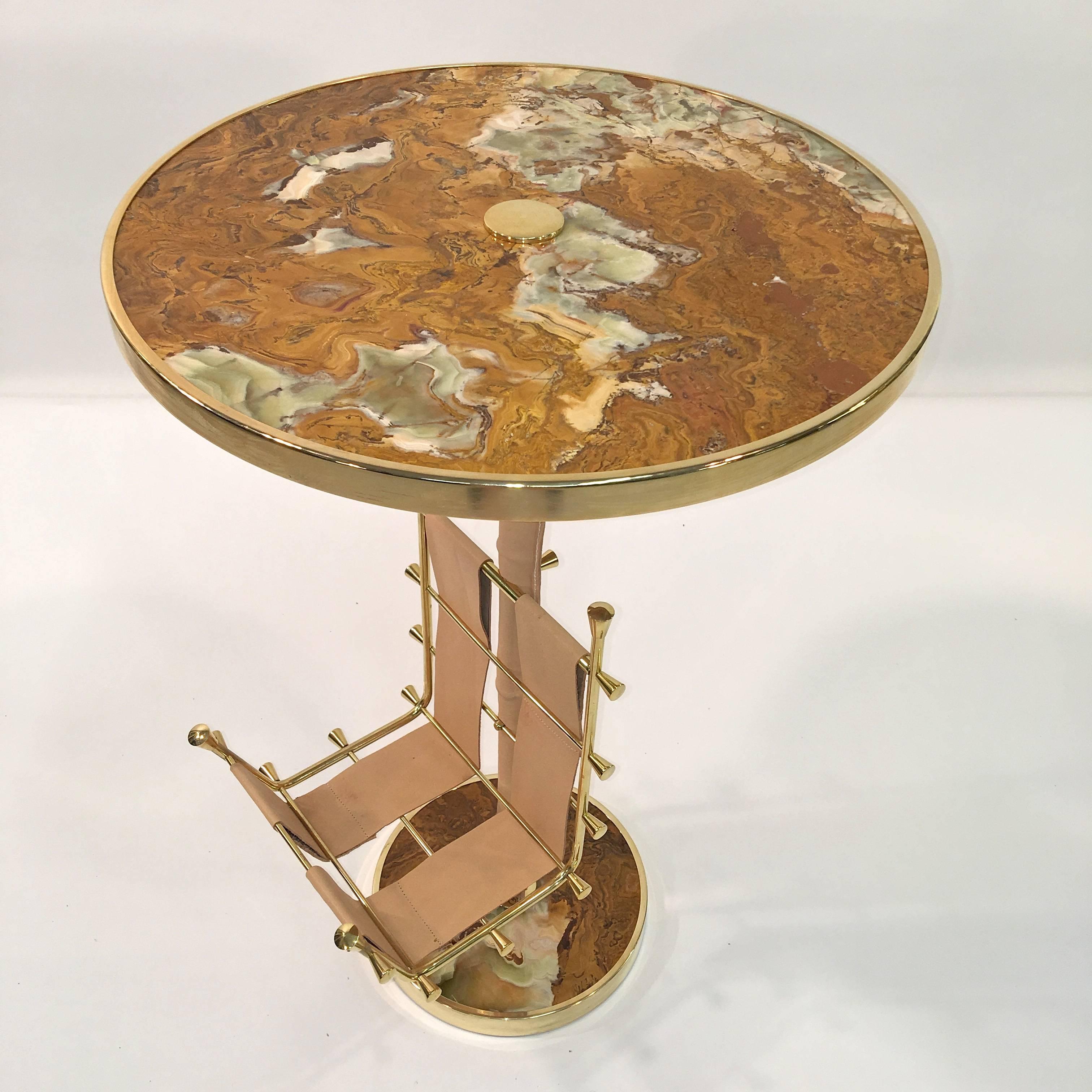 American Gilt Brass, Onyx and Stitched Leather Occasional Table with Magazine Rack For Sale