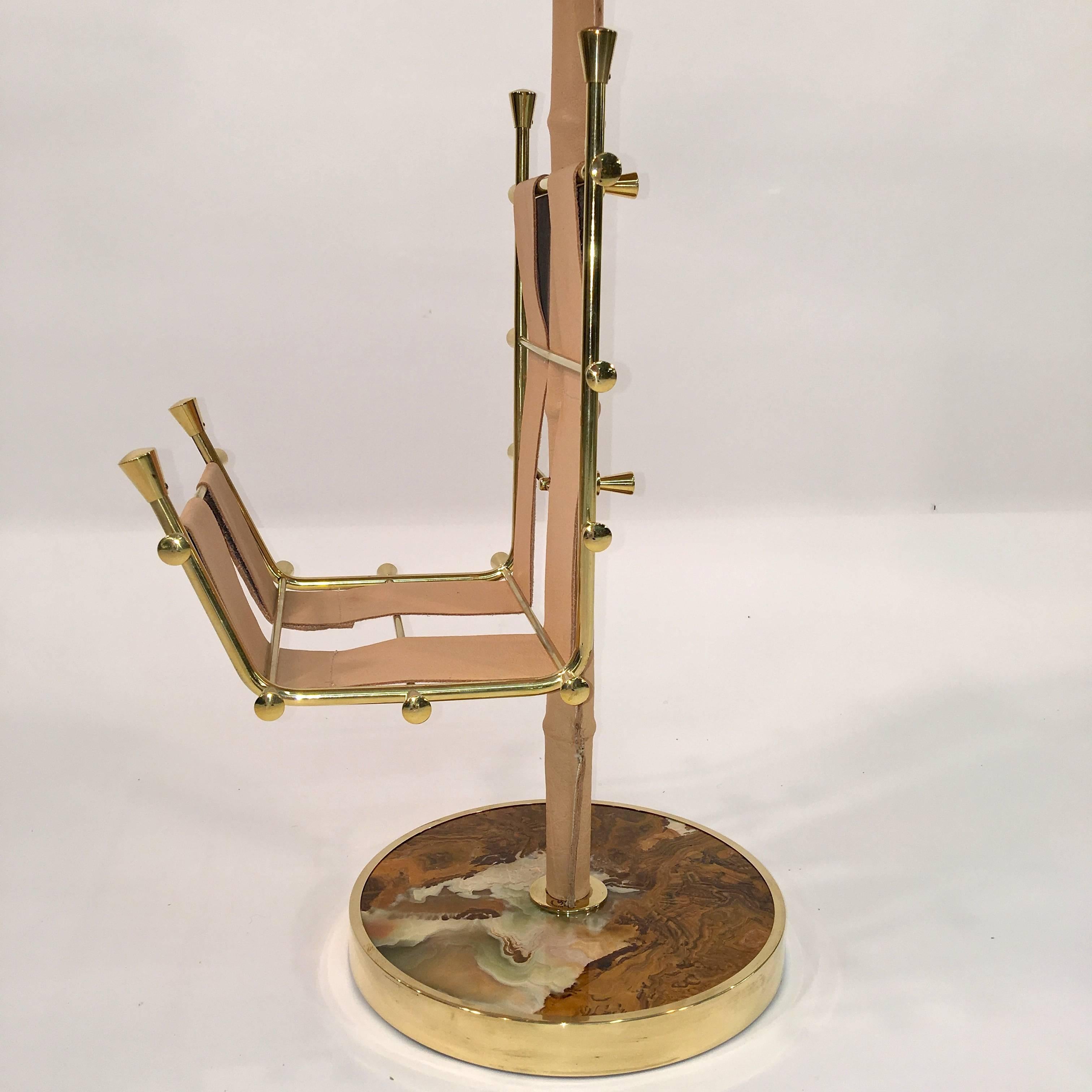 Gilt Brass, Onyx and Stitched Leather Occasional Table with Magazine Rack In Excellent Condition For Sale In Hanover, MA
