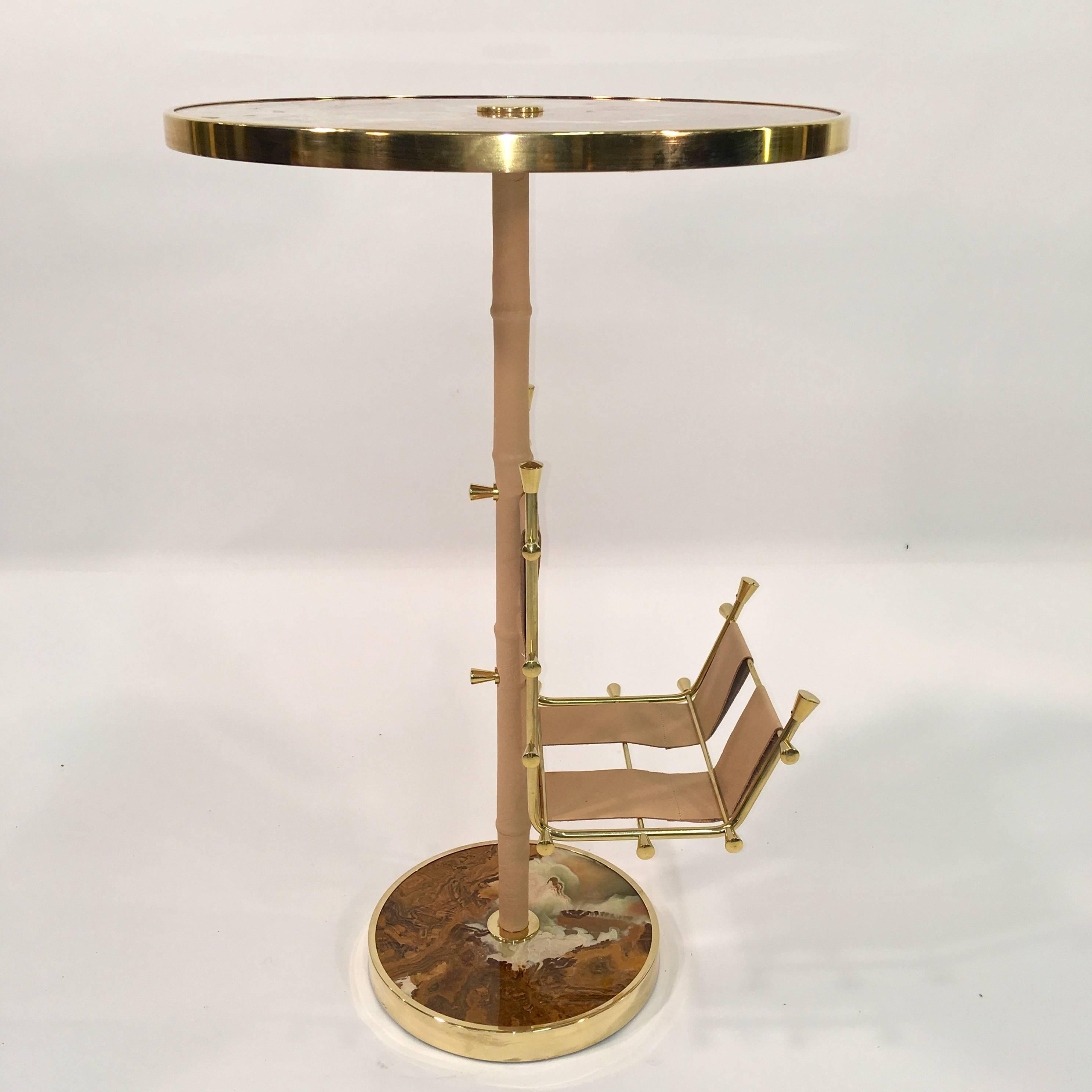 Gilt Brass, Onyx and Stitched Leather Occasional Table with Magazine Rack For Sale 2