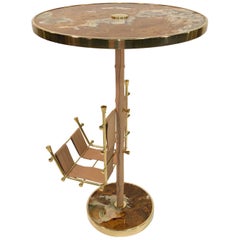 Gilt Brass, Onyx and Stitched Leather Occasional Table with Magazine Rack