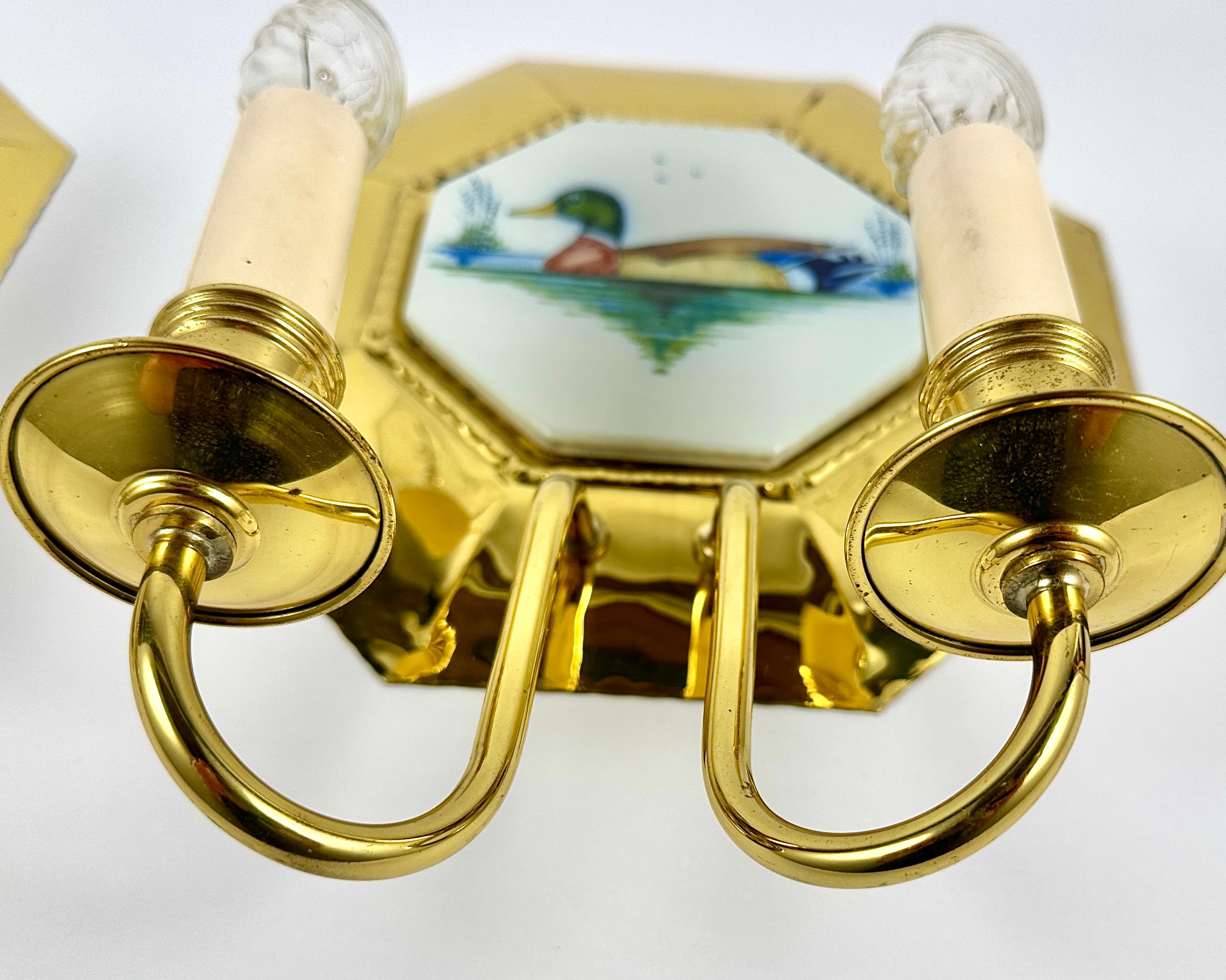 Gilt Brass Porcelain Wall Lamps Double Armed Wall Light Sconces Vintage For Sale 3