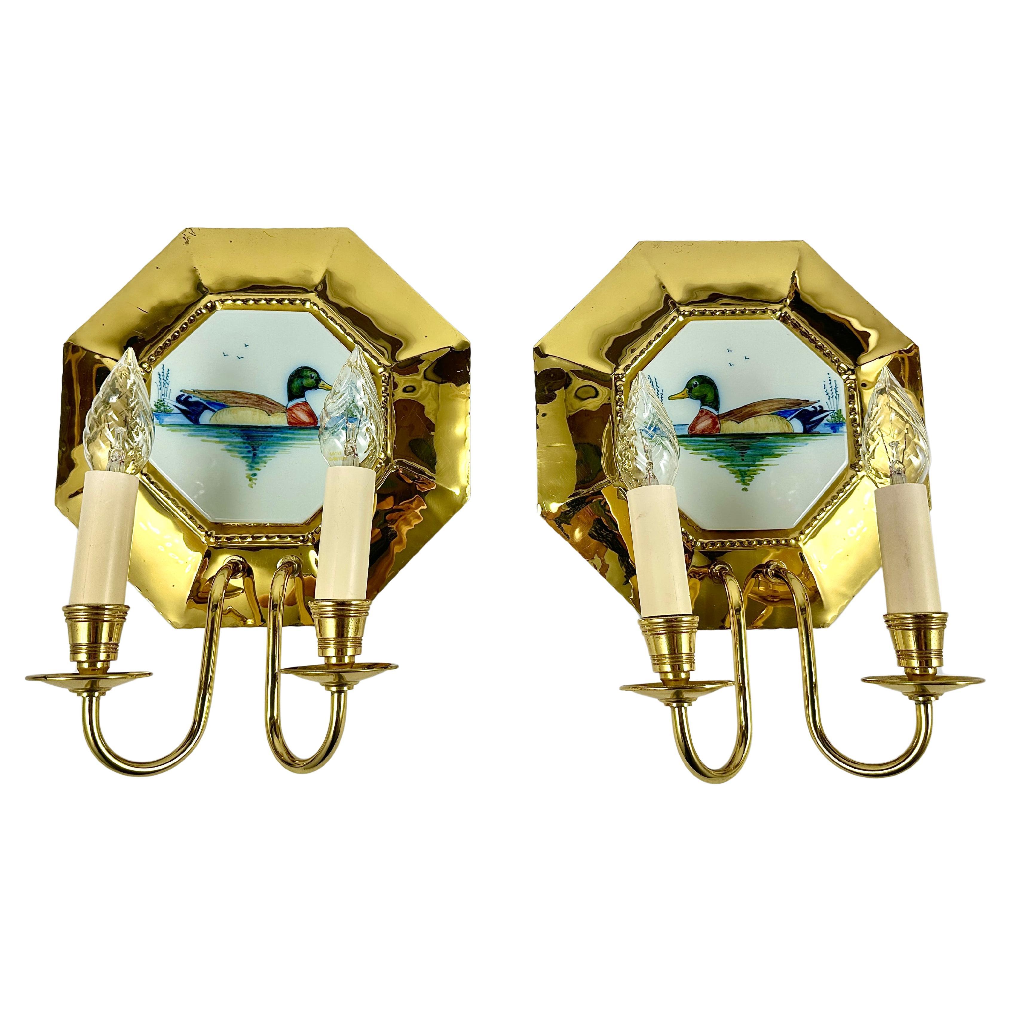 Vergoldetes Messing Porzellan Wandlampen Double Armed Wall Light Sconces Vintage