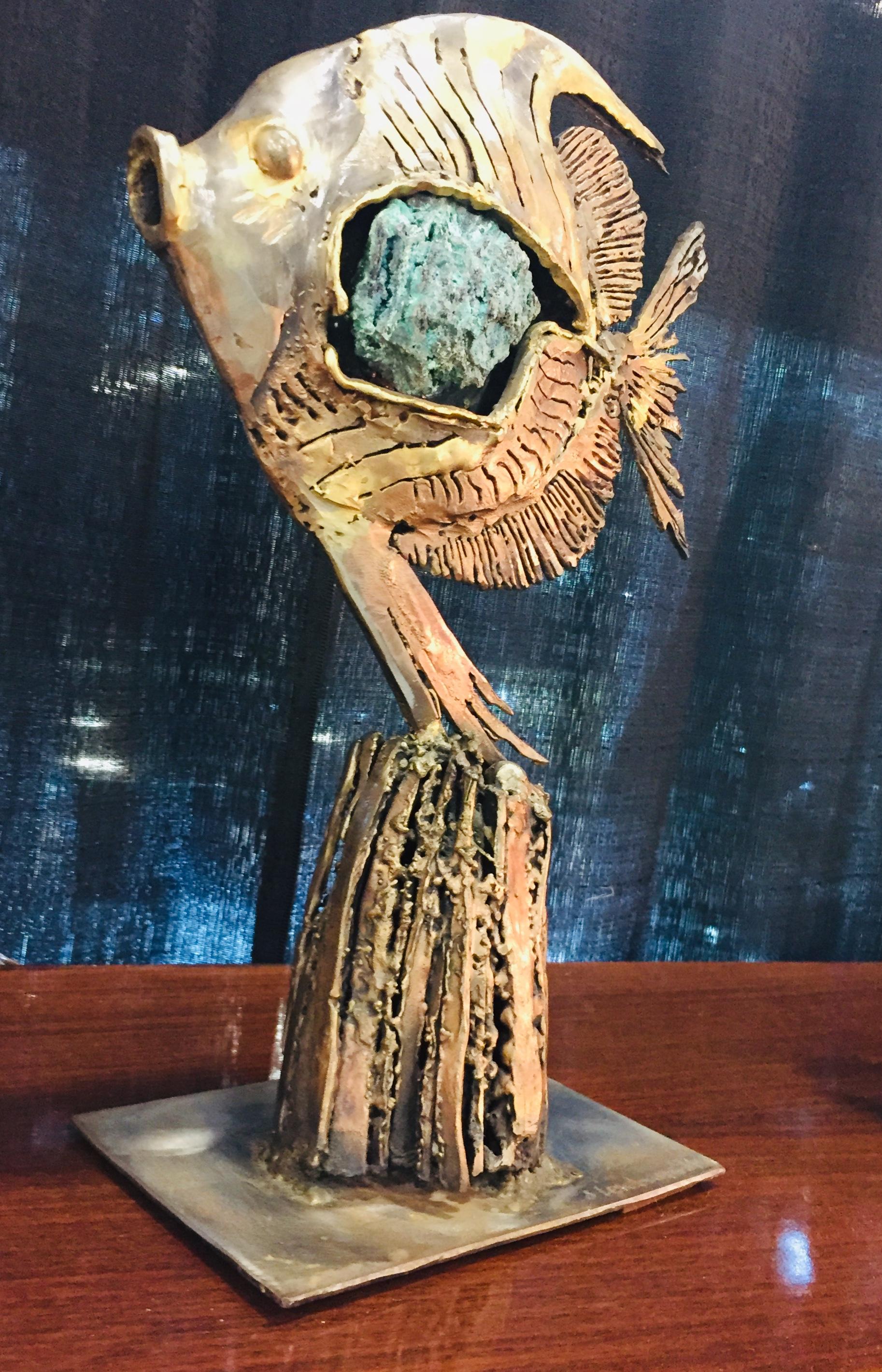 French Gilt Brass Sculpture and Turquoise Stone Included in the Body of the Fish