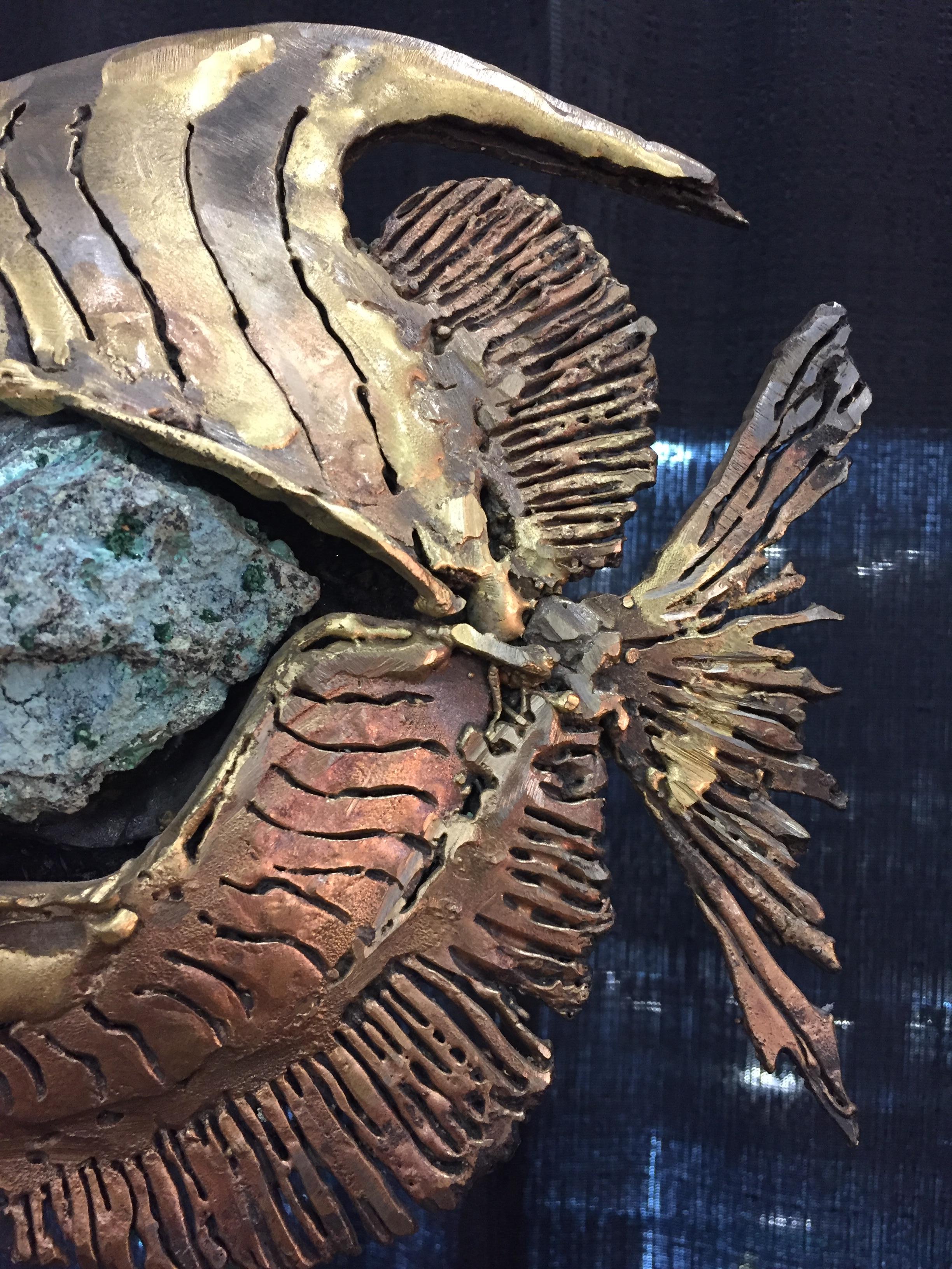 Late 20th Century Gilt Brass Sculpture and Turquoise Stone Included in the Body of the Fish