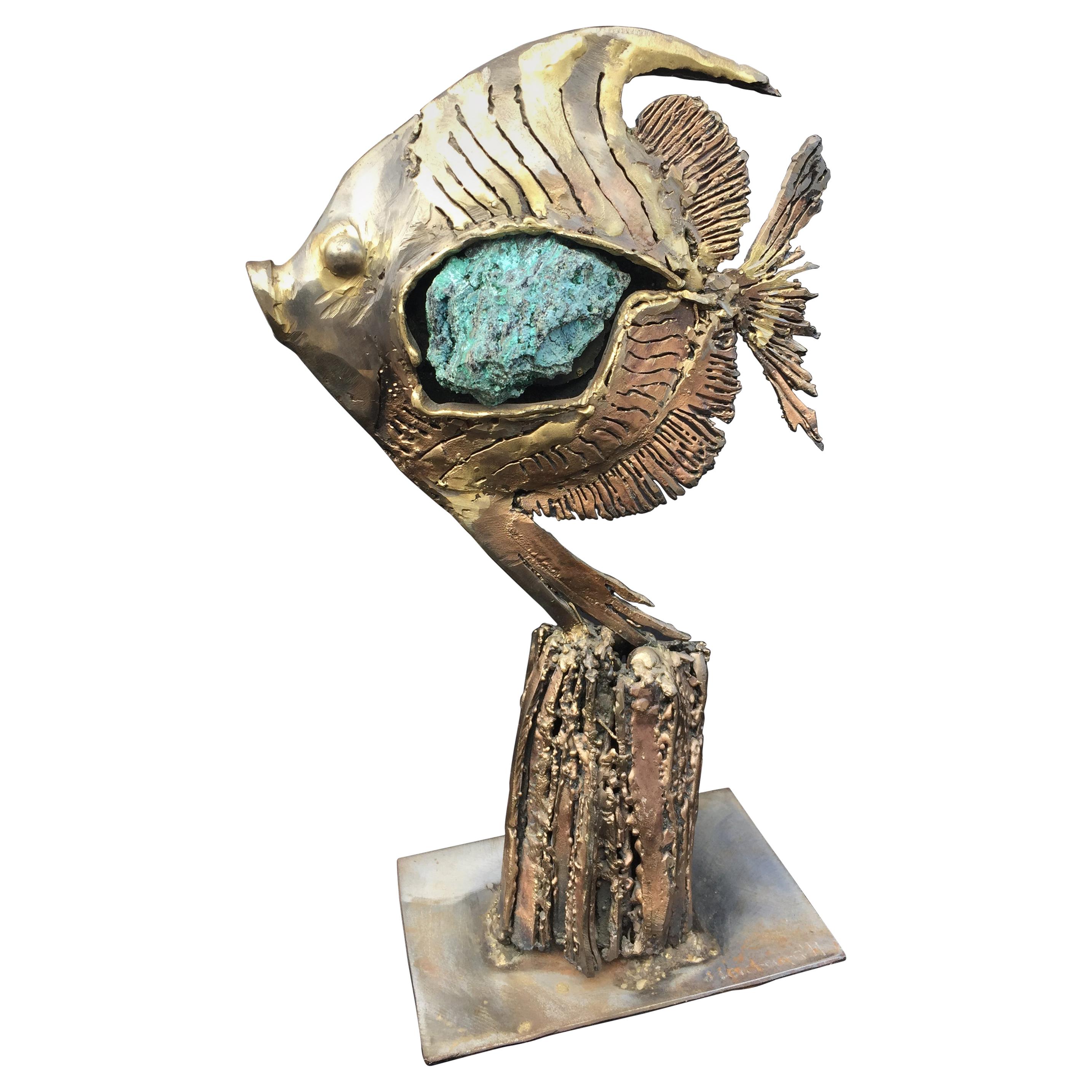 Gilt Brass Sculpture and Turquoise Stone Included in the Body of the Fish