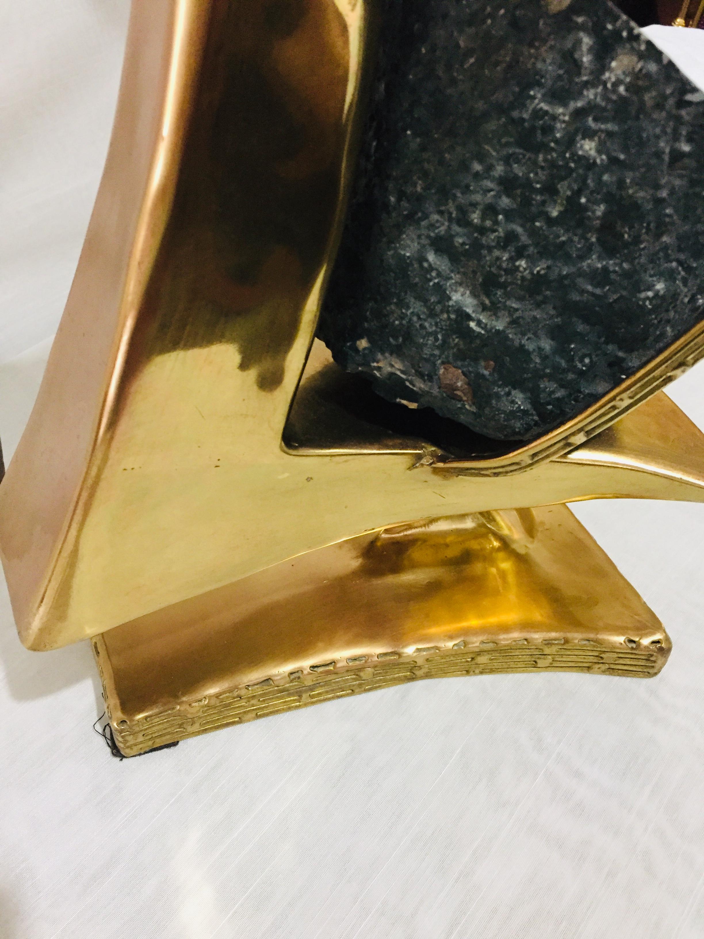 French Gilt Brass Sculpture Table Lamp Quartz Geode Brass Lampshade J.Duval Brasseur For Sale