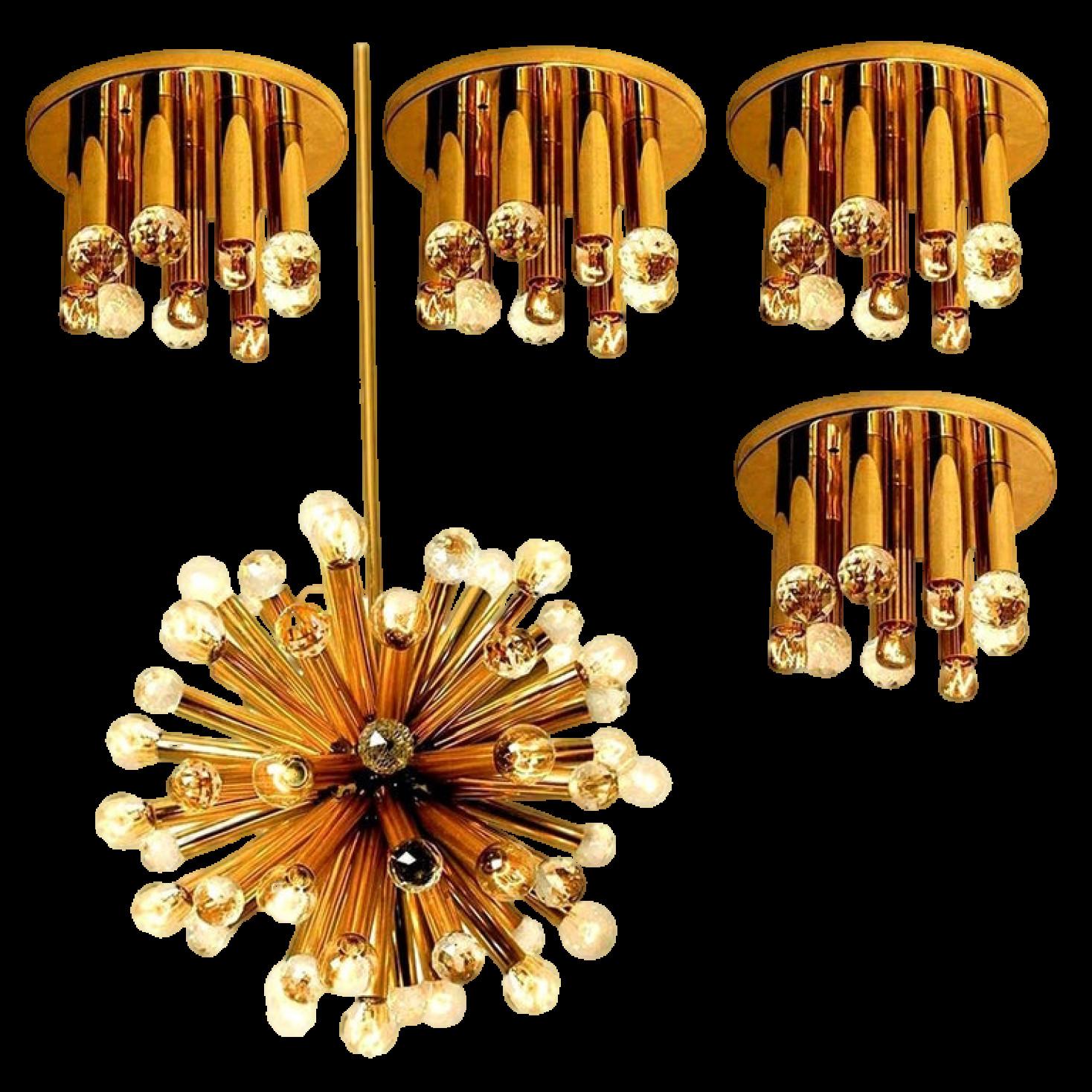 This high quality set was manufactured by Ernst Palme in German Westheim during the 1960s. The set has gilt brass arms with large Swarovski balls. The handcut lead crystal Swarovski balls reflect multiple colors in the sunlight. The lighting