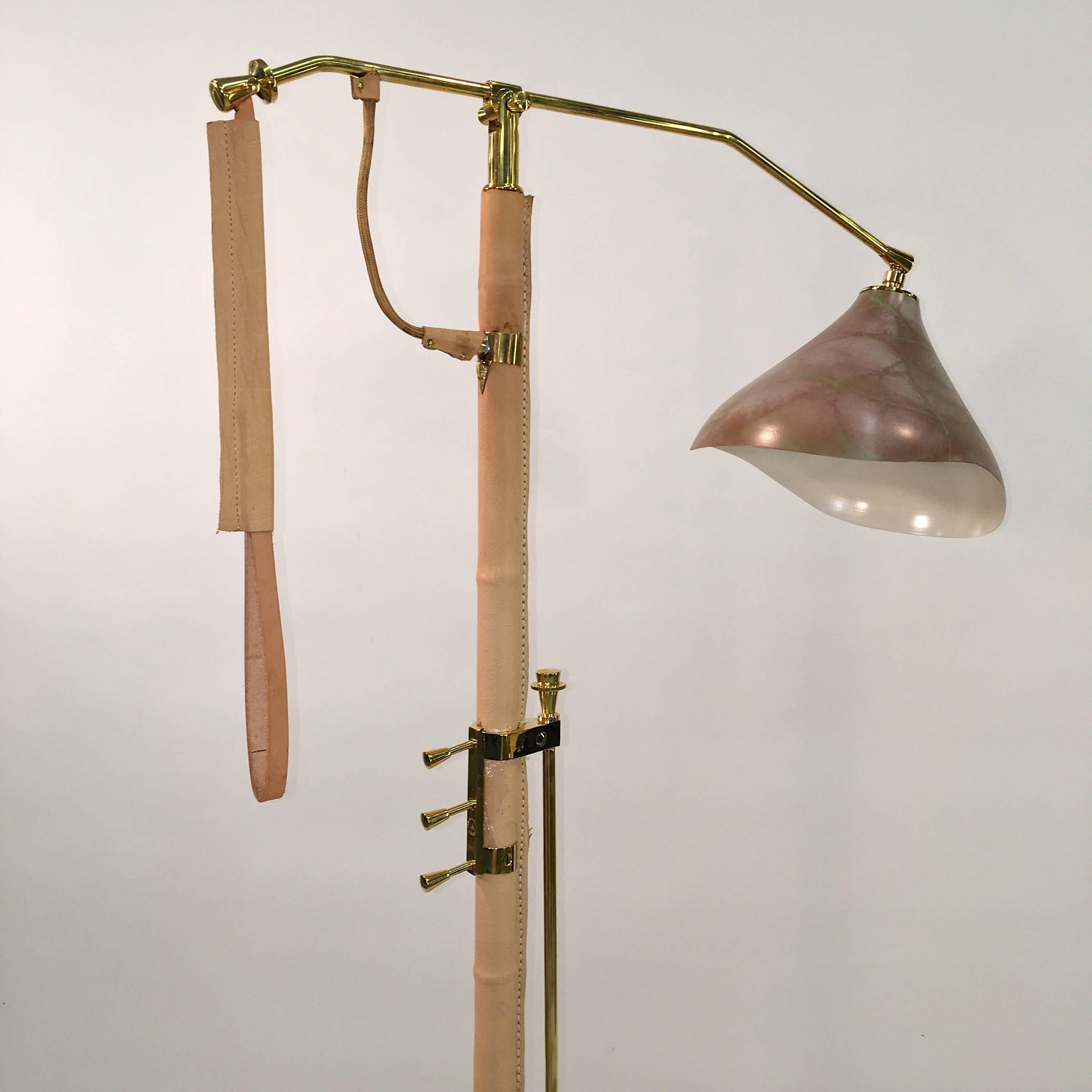 Gilt Brass, Stitched Leather and Onyx Adjustable Floor Lamp For Sale 5
