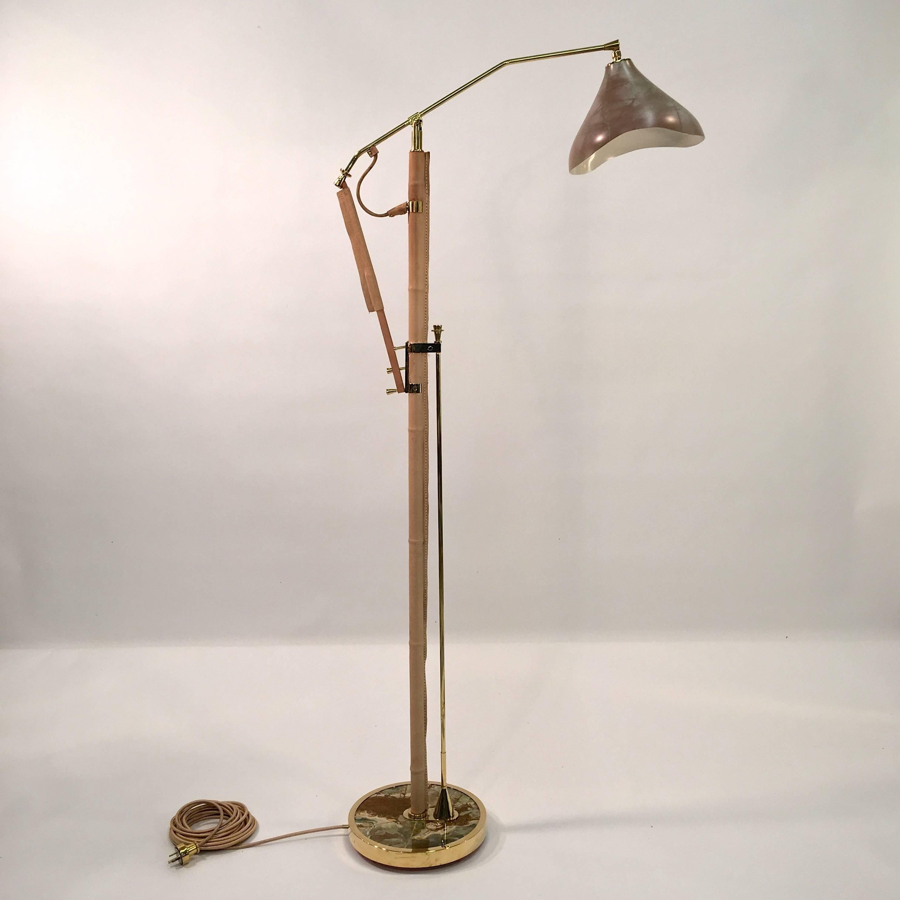 Gilt Brass, Stitched Leather and Onyx Adjustable Floor Lamp For Sale 9