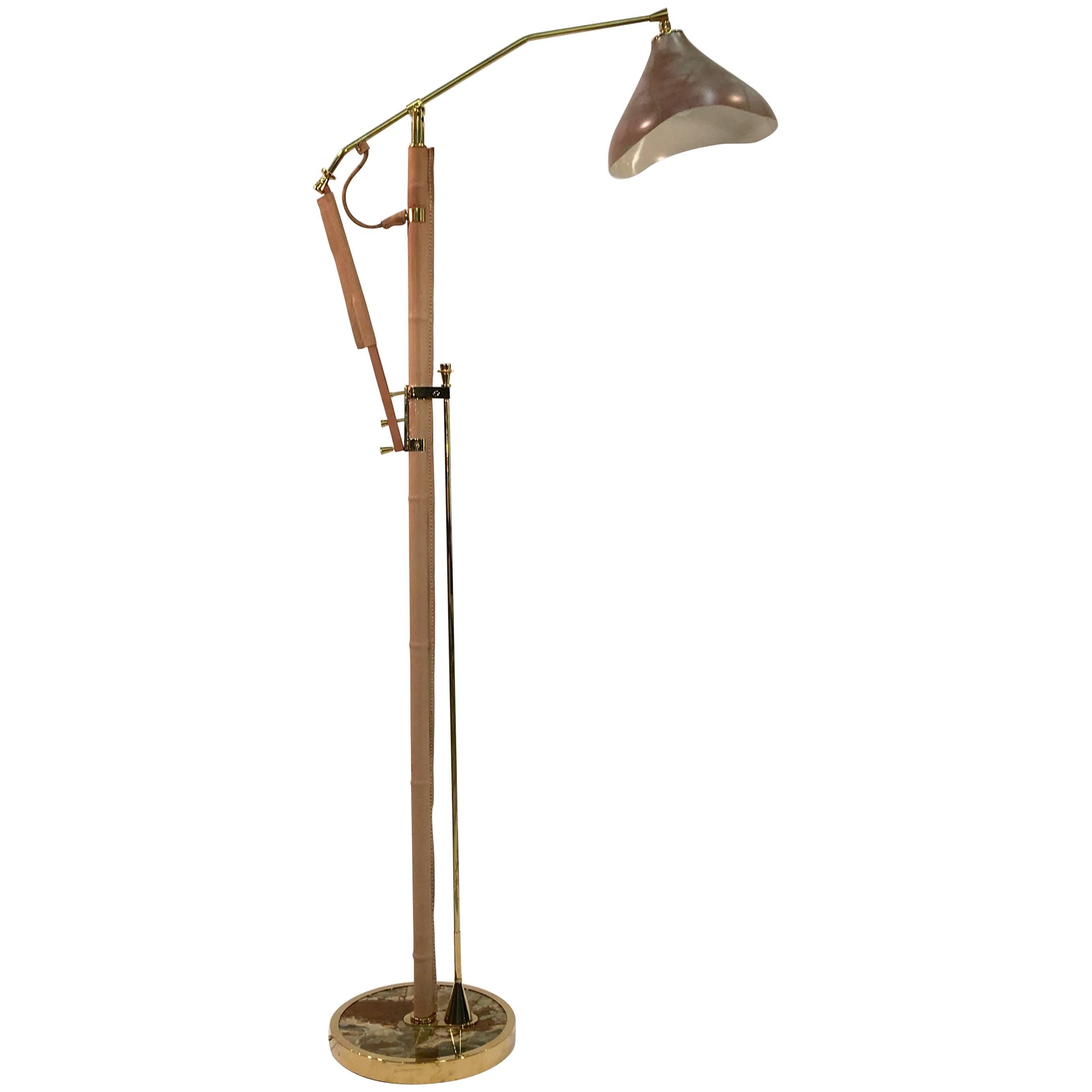 Gilt Brass, Stitched Leather and Onyx Adjustable Floor Lamp For Sale