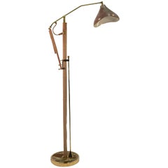 Gilt Brass, Stitched Leather and Onyx Adjustable Floor Lamp