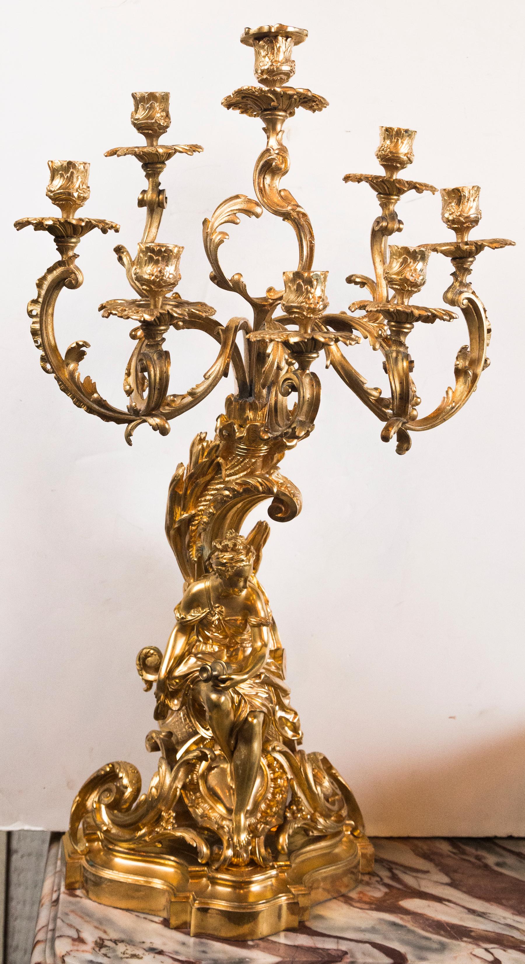 Louis XV Gilt Bronze 7 Light Signed Candelabra