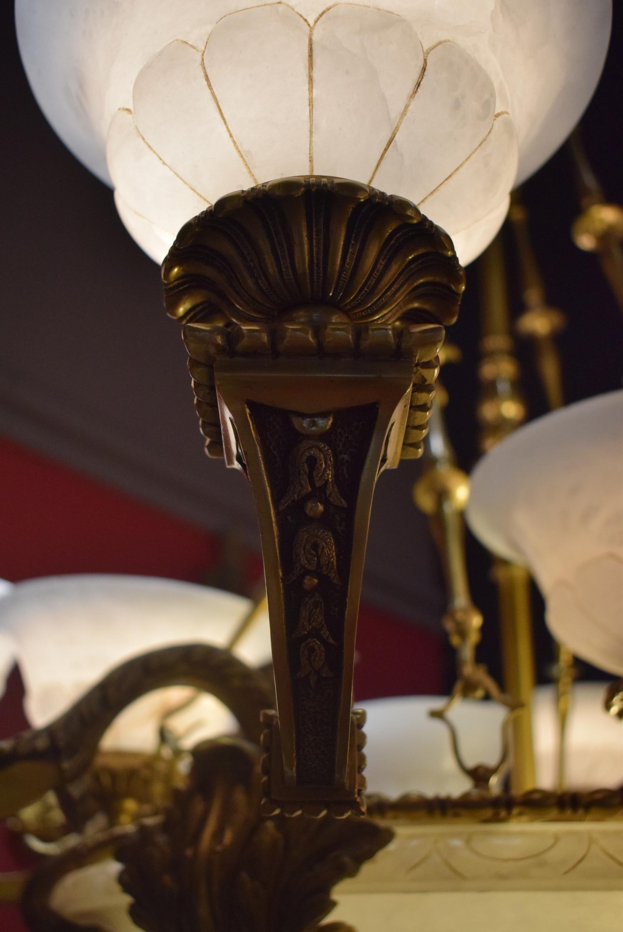 Neoclassical Gilt Bronze and Alabaster Chandelier