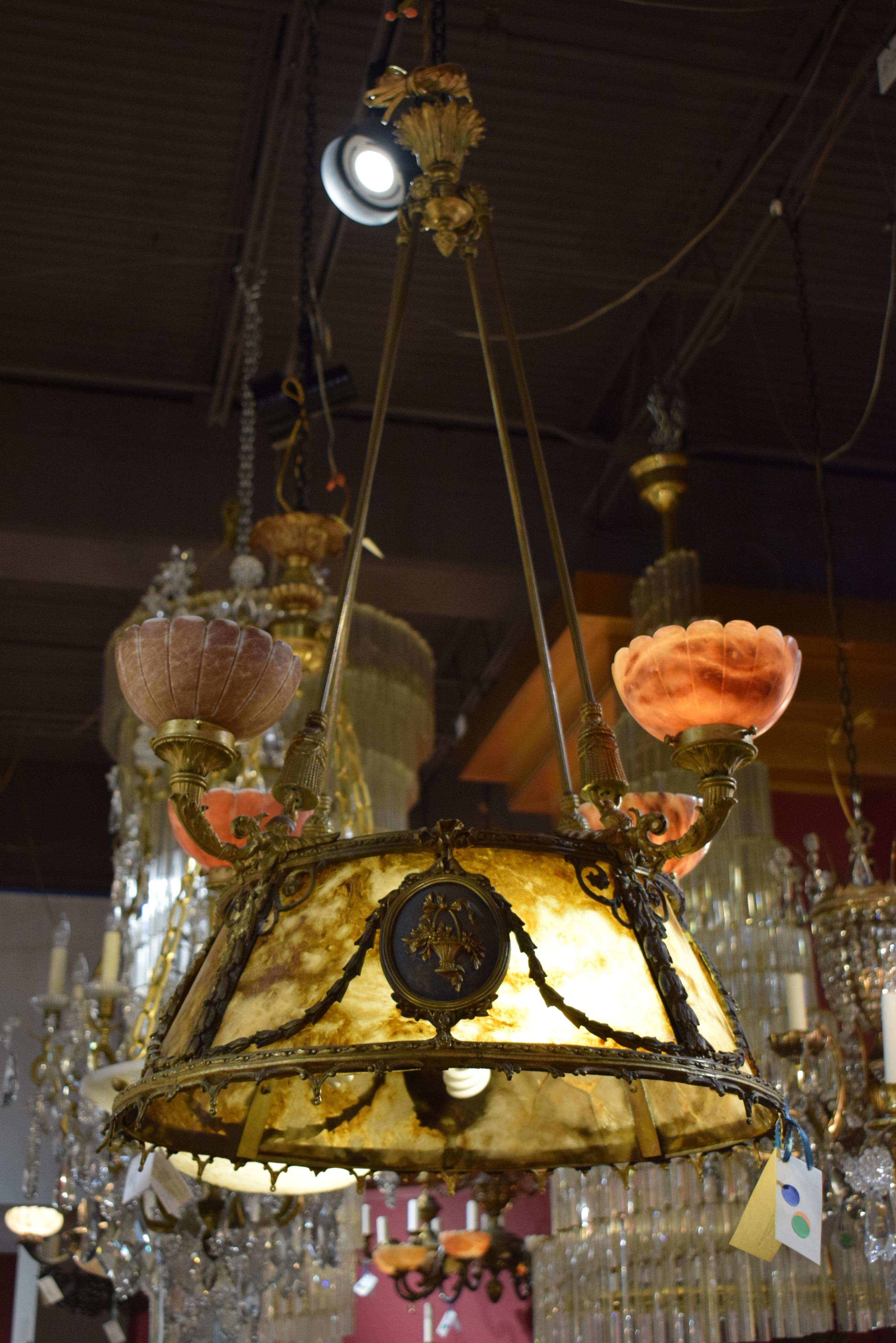 Early 20th Century Gilt Bronze & Alabaster Chandelier For Sale