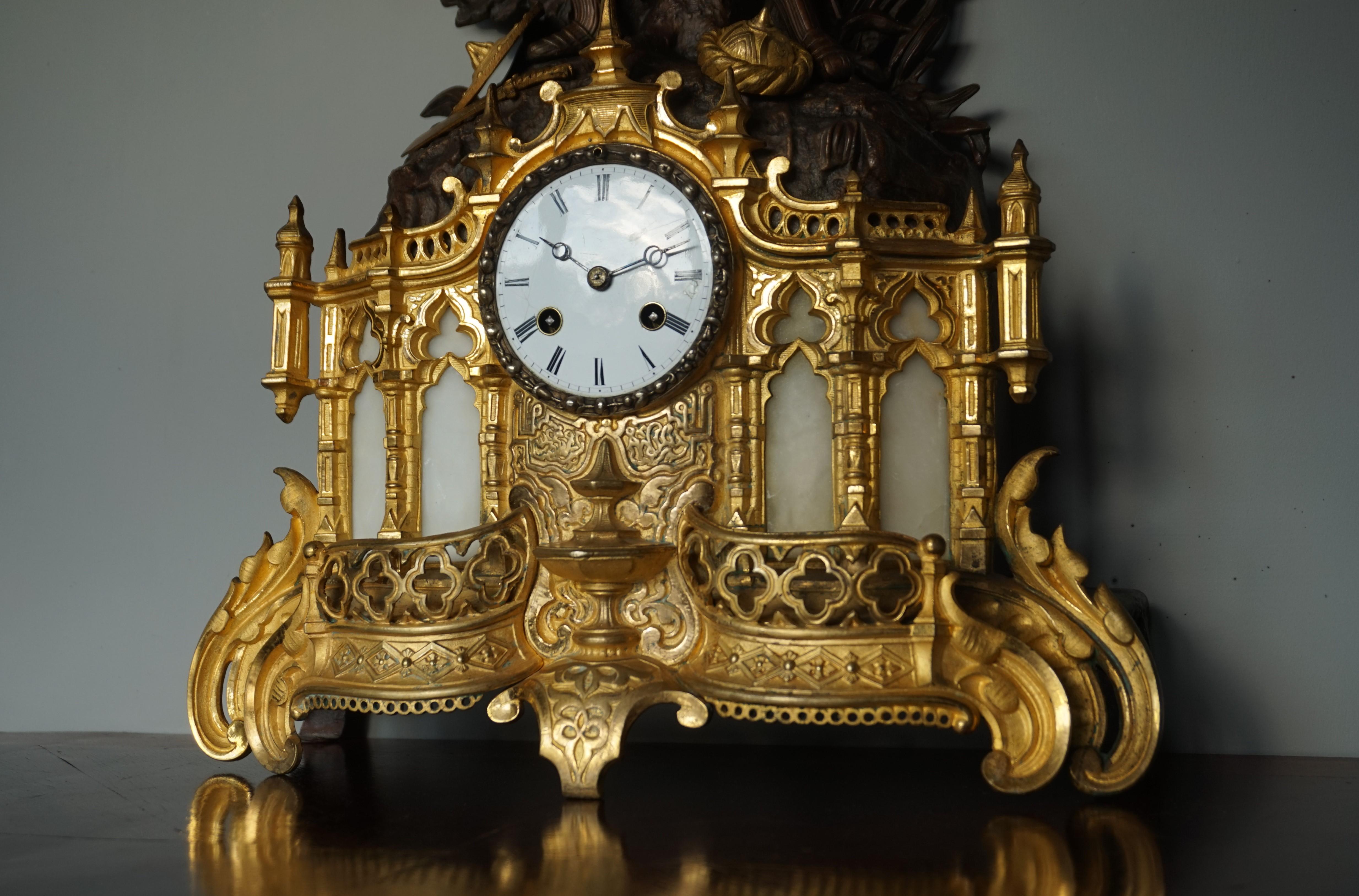 Gilt Bronze & Alabaster Gothic Revival Mantel Clock with Crusade Theme Sculpture For Sale 6