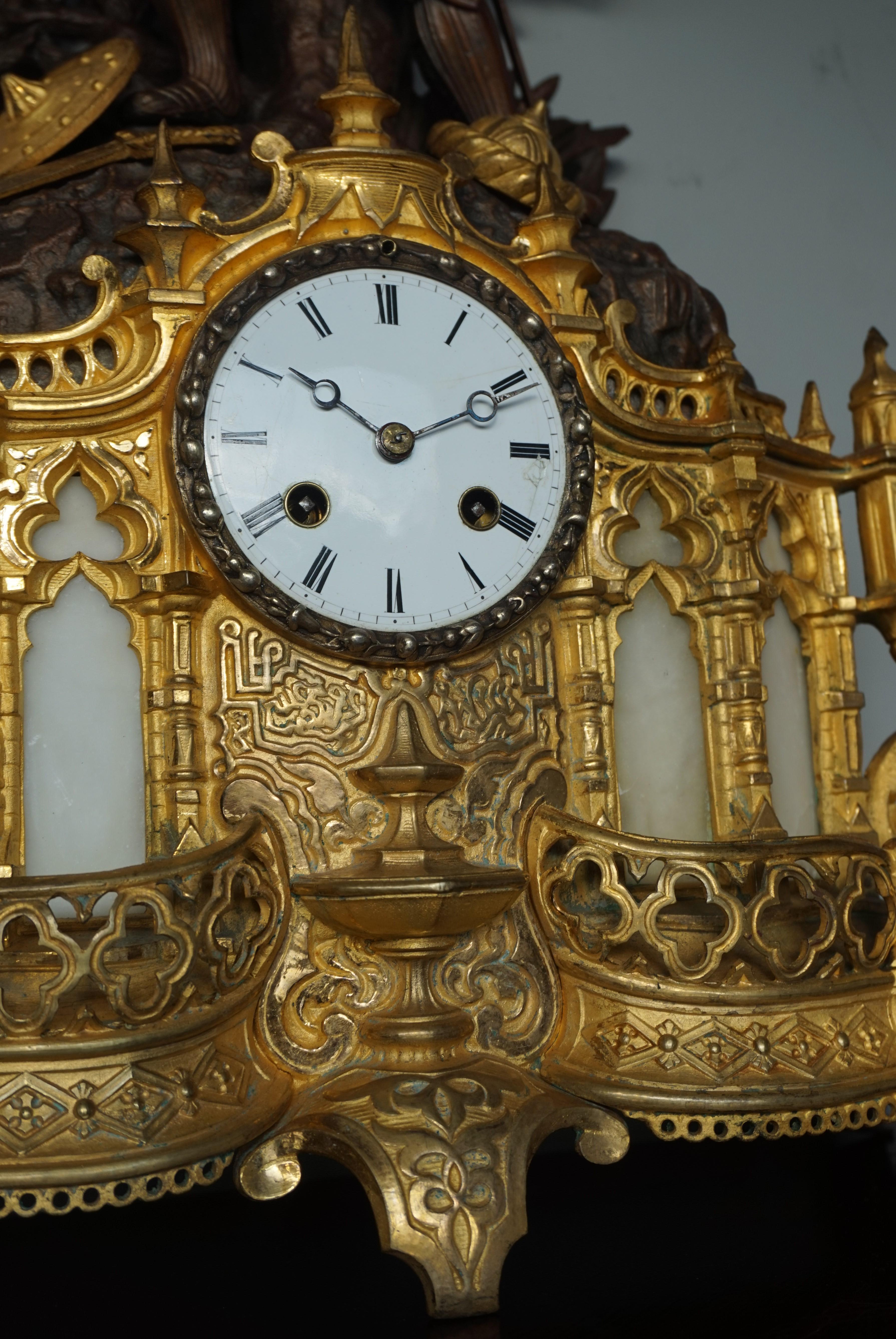 Gilt Bronze & Alabaster Gothic Revival Mantel Clock with Crusade Theme Sculpture For Sale 7