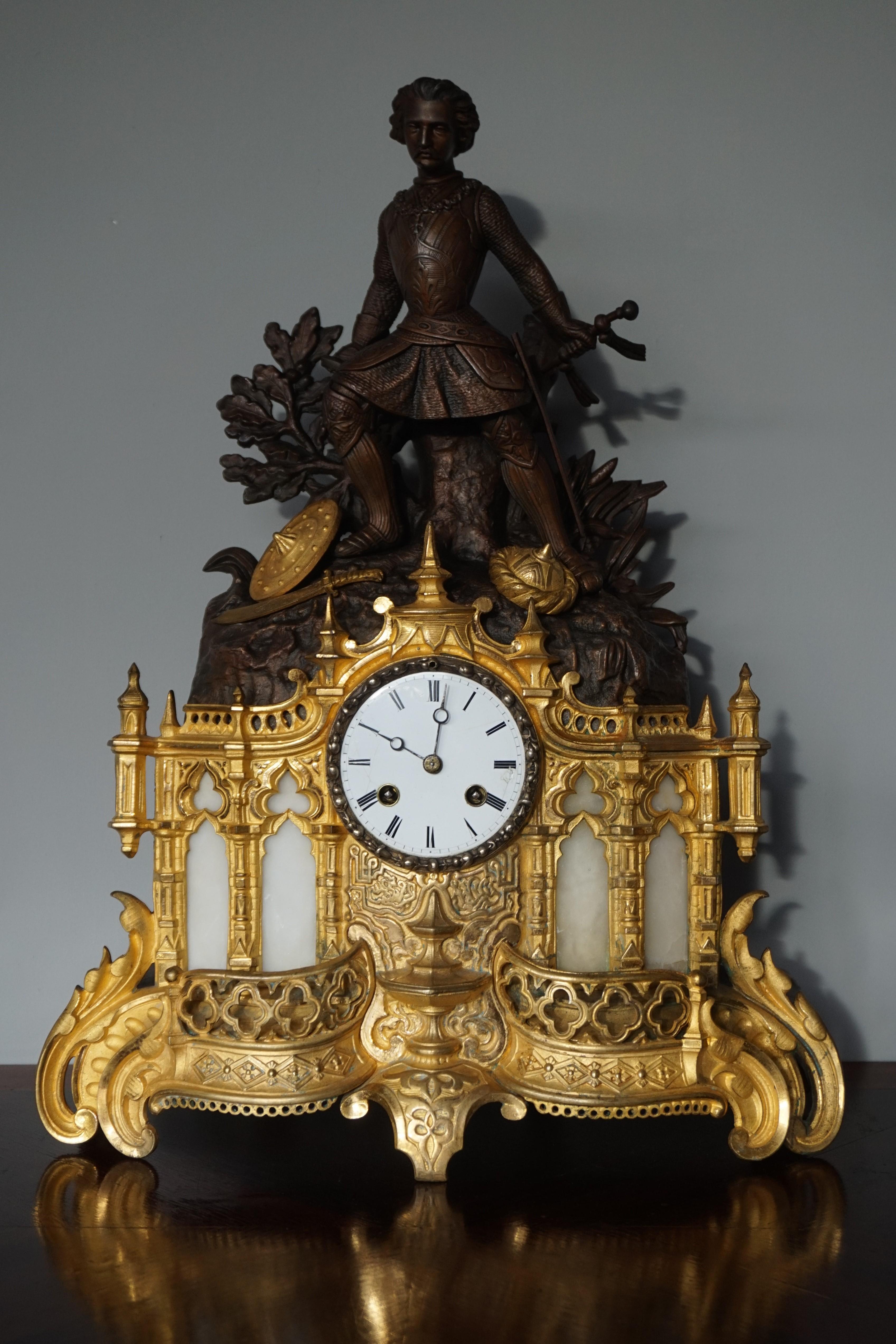Gilt Bronze & Alabaster Gothic Revival Mantel Clock with Crusade Theme Sculpture For Sale 13
