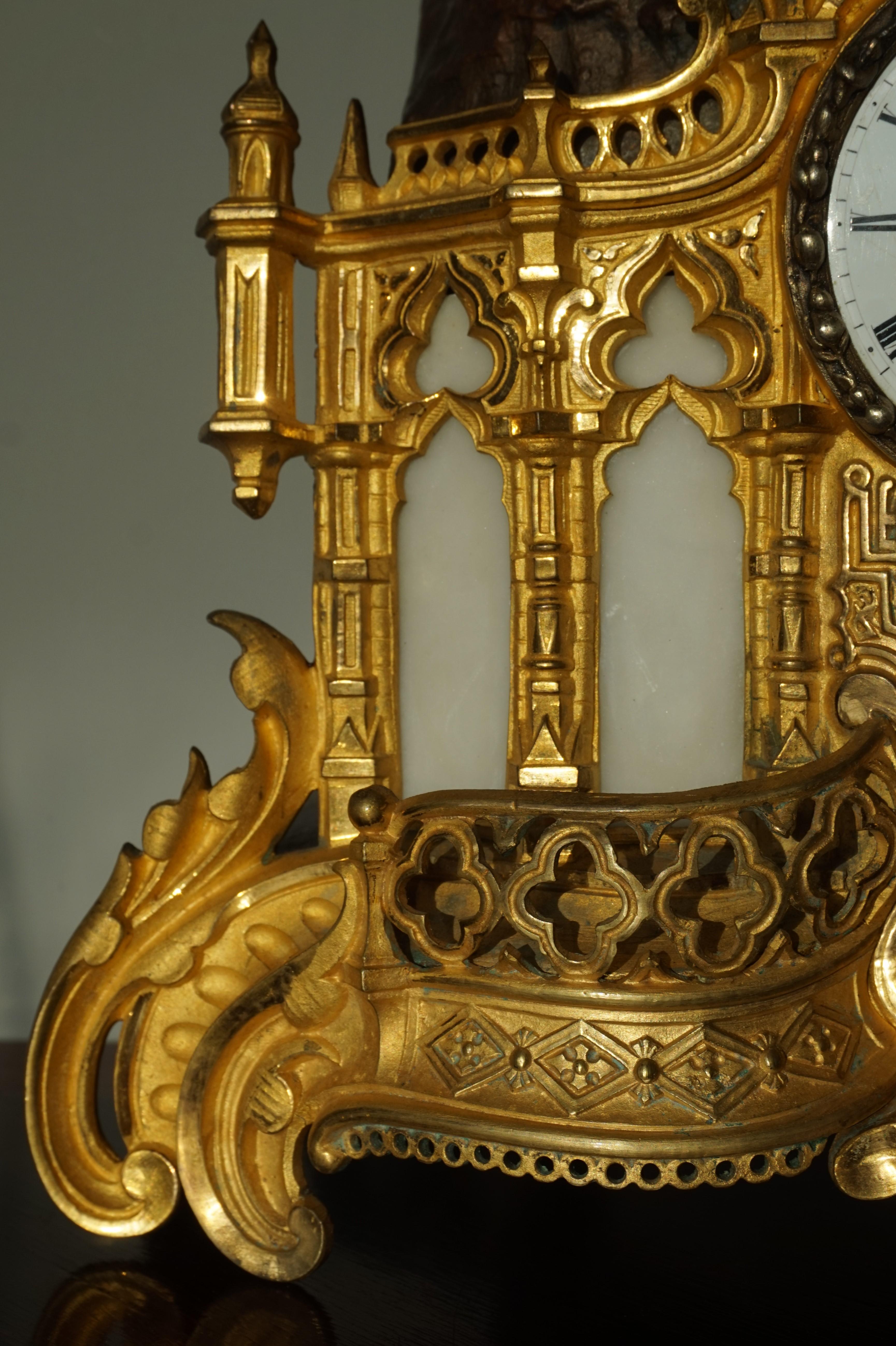 19th Century Gilt Bronze & Alabaster Gothic Revival Mantel Clock with Crusade Theme Sculpture For Sale