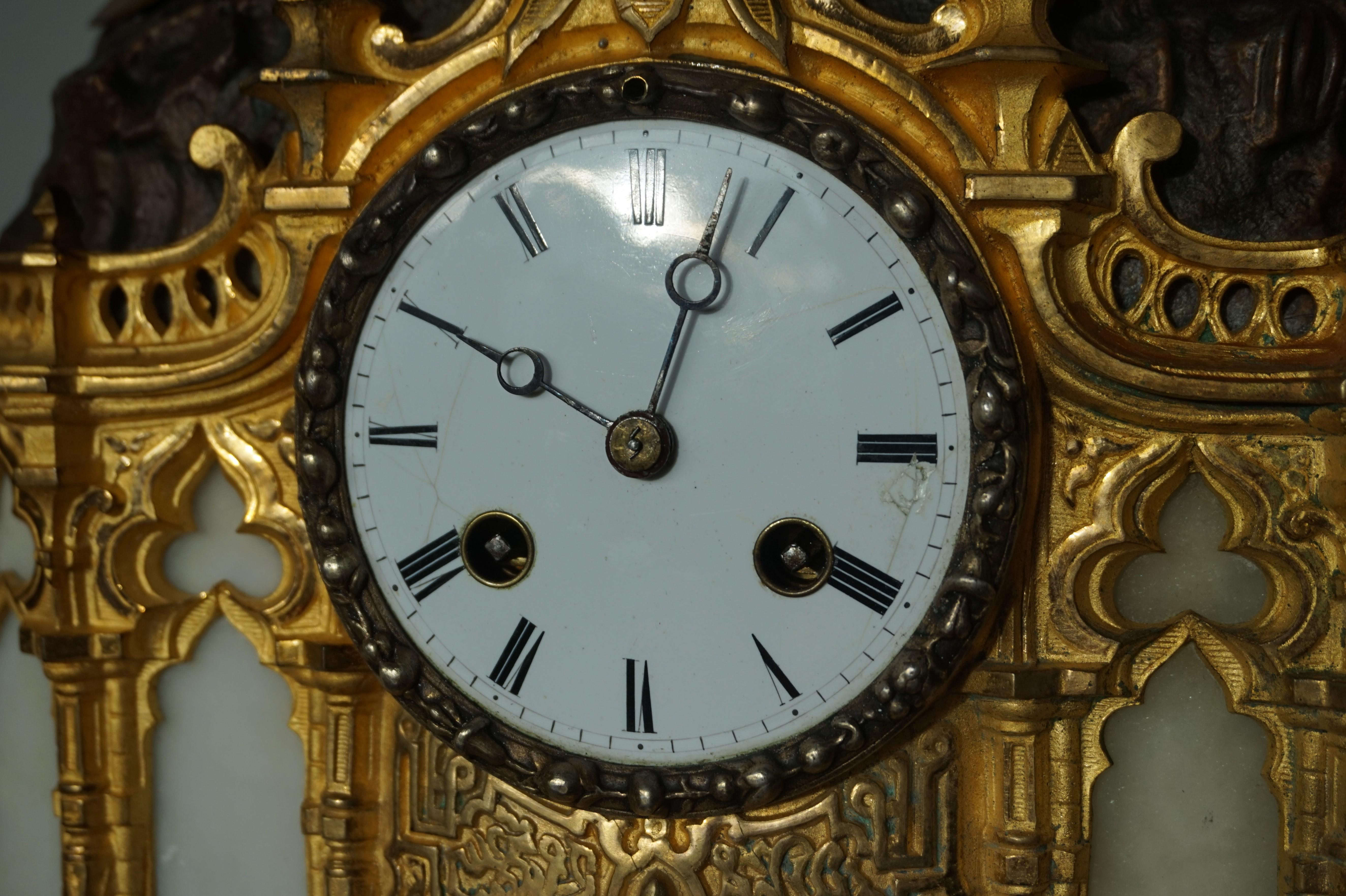 Gilt Bronze & Alabaster Gothic Revival Mantel Clock with Crusade Theme Sculpture For Sale 1