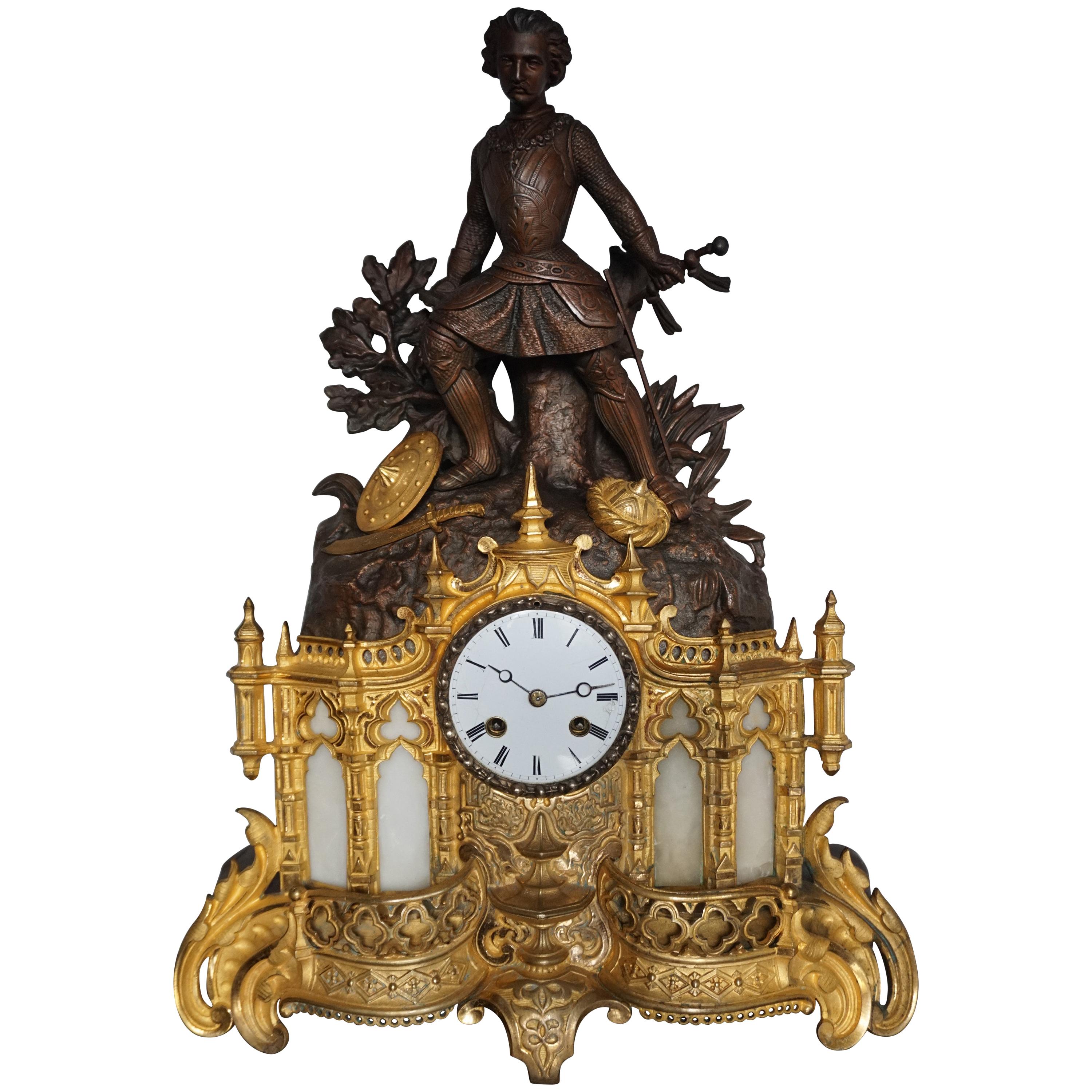 Gilt Bronze & Alabaster Gothic Revival Mantel Clock with Crusade Theme Sculpture