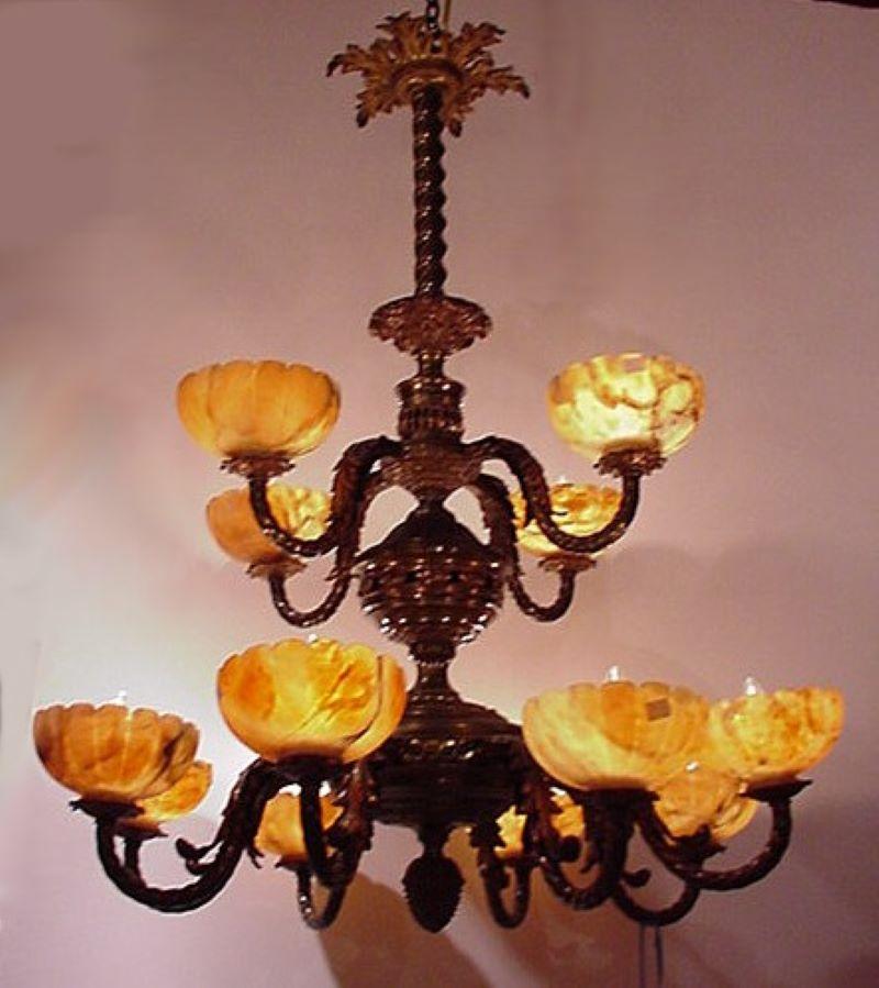 French Gilt Bronze & Alabaster Two Tiered Chandelier For Sale