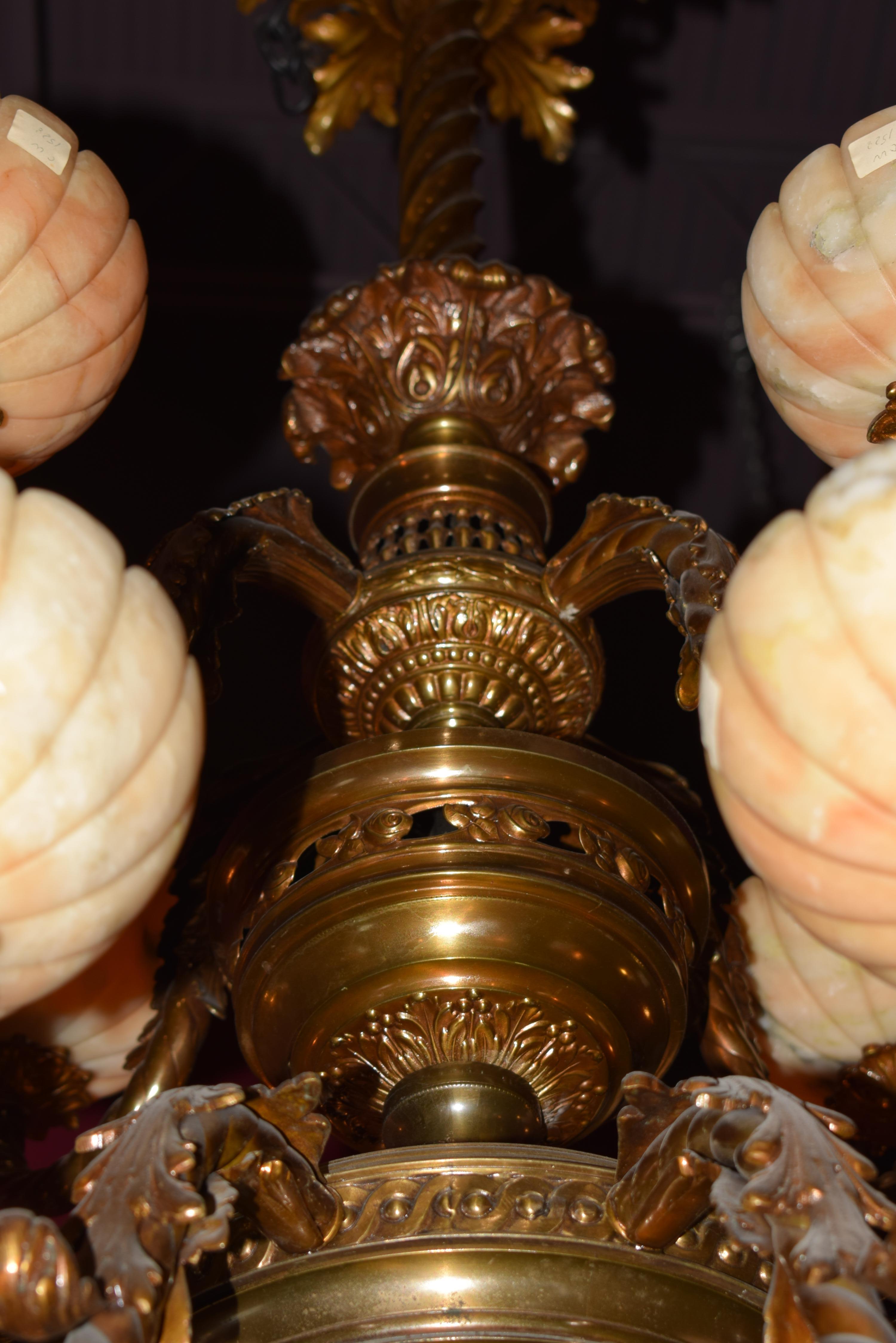 Early 20th Century Gilt Bronze & Alabaster Two Tiered Chandelier For Sale