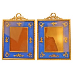 Antique Gilt Bronze and Blue Fabric Photo Frames