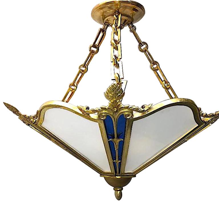 Frosted Neoclassic Bronze Light Fixture with Cobalt Blue Mirror For Sale