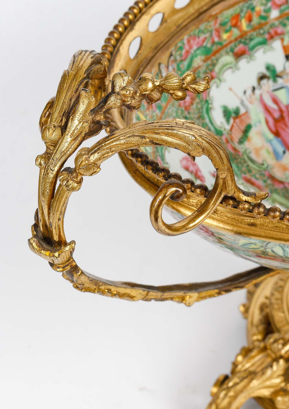 Gilt Bronze and Canton Porcelain Mantel Set, China. For Sale 3