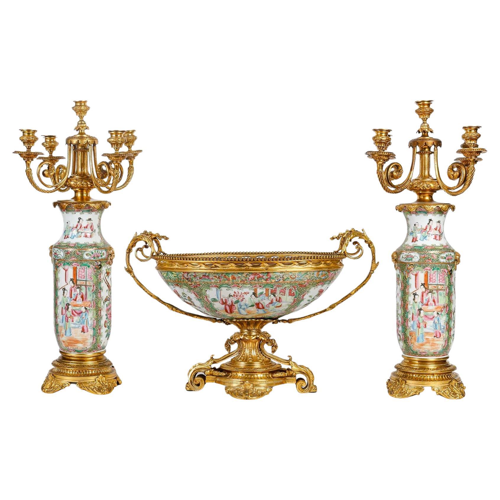 Gilt Bronze and Canton Porcelain Mantel Set, China. For Sale