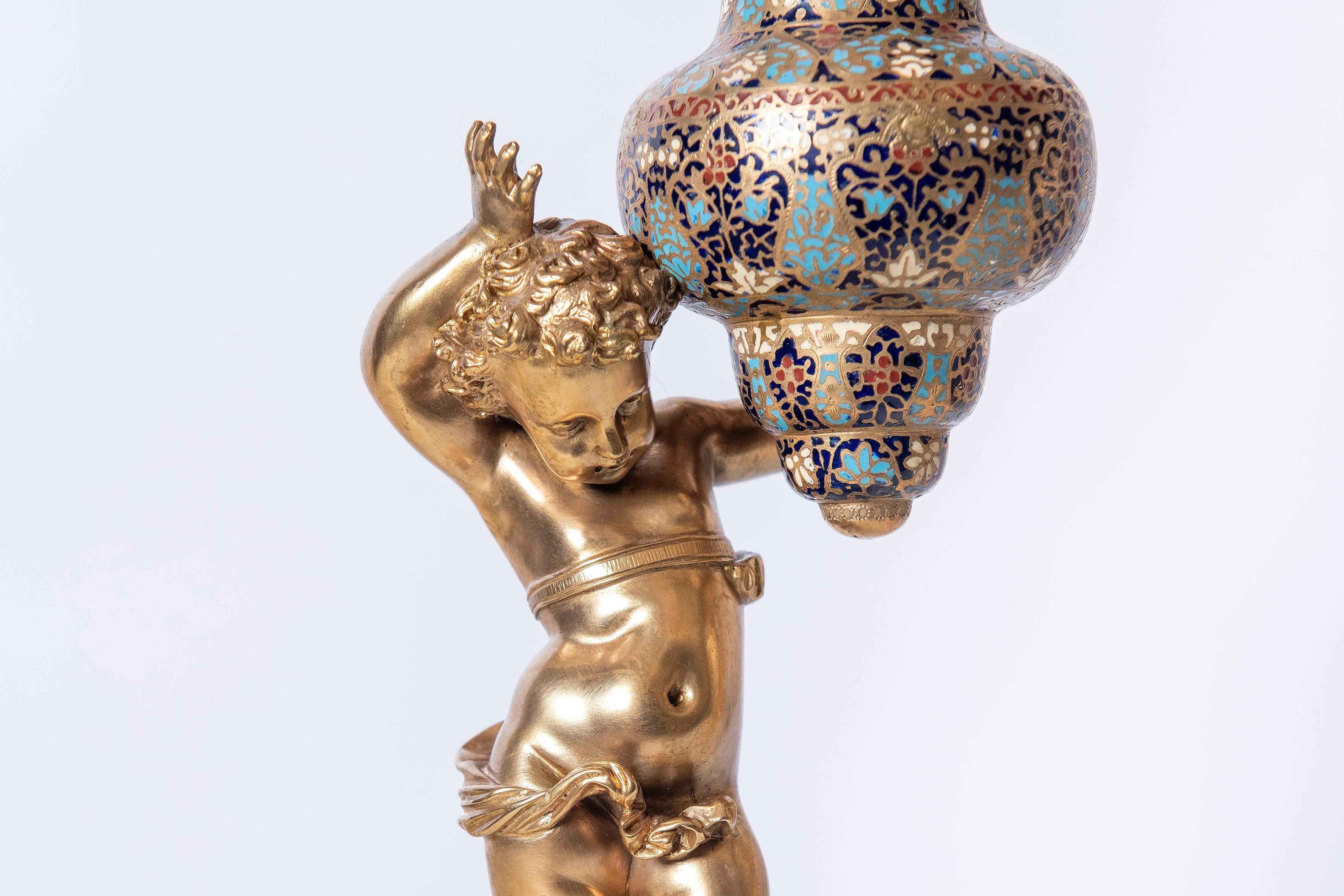Louis XV Gilt-Bronze and Cloisonné Garniture with Angels Figures, France, 19th Century For Sale